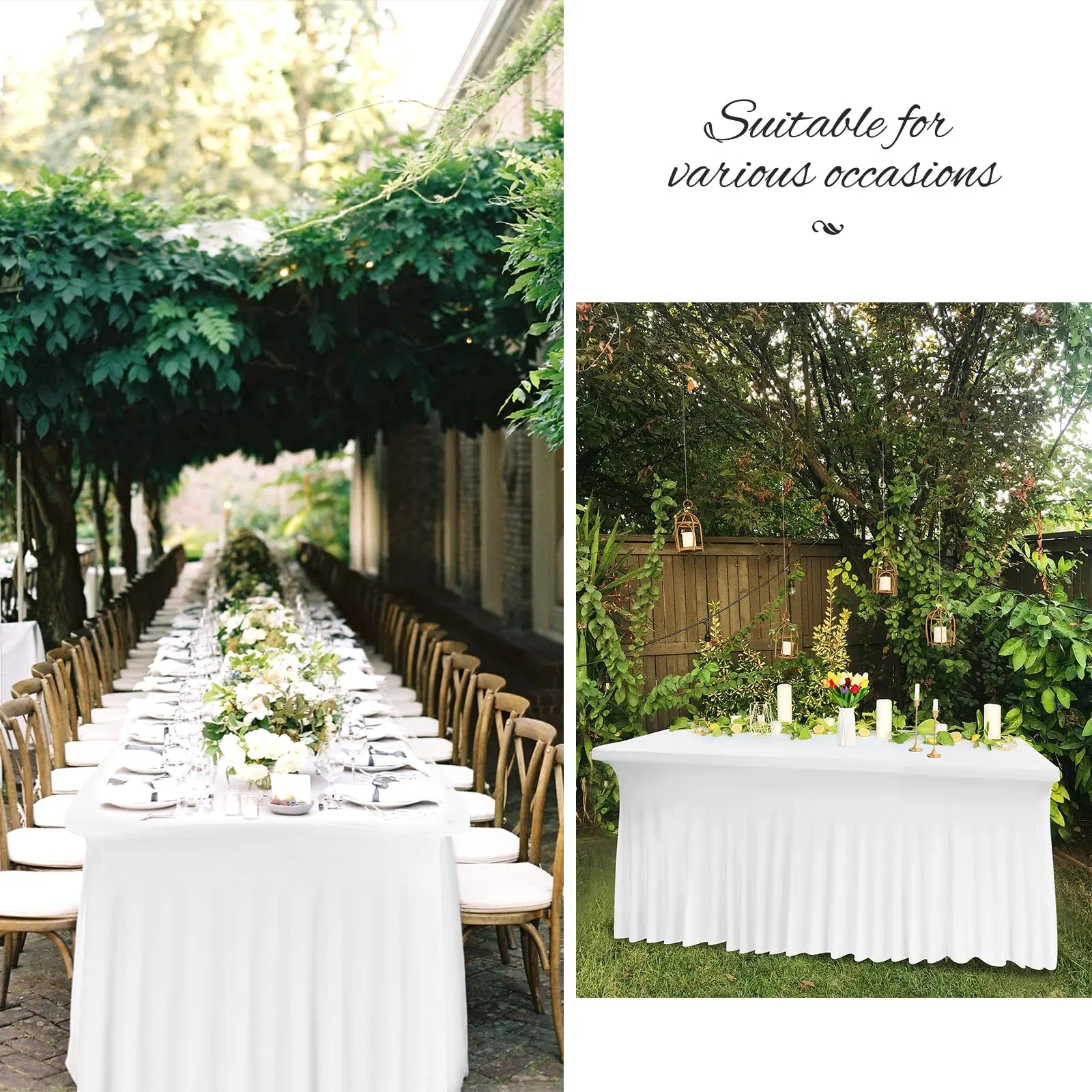 2 gonne da tavolo in spandex, 183 x 76 x 76 cm, bianco elasticizzato, con gonna, lavabile, per tavoli rettangolari da 6 piedi, copertura retrattile per matrimoni, banchetti e fiere - immagine 6