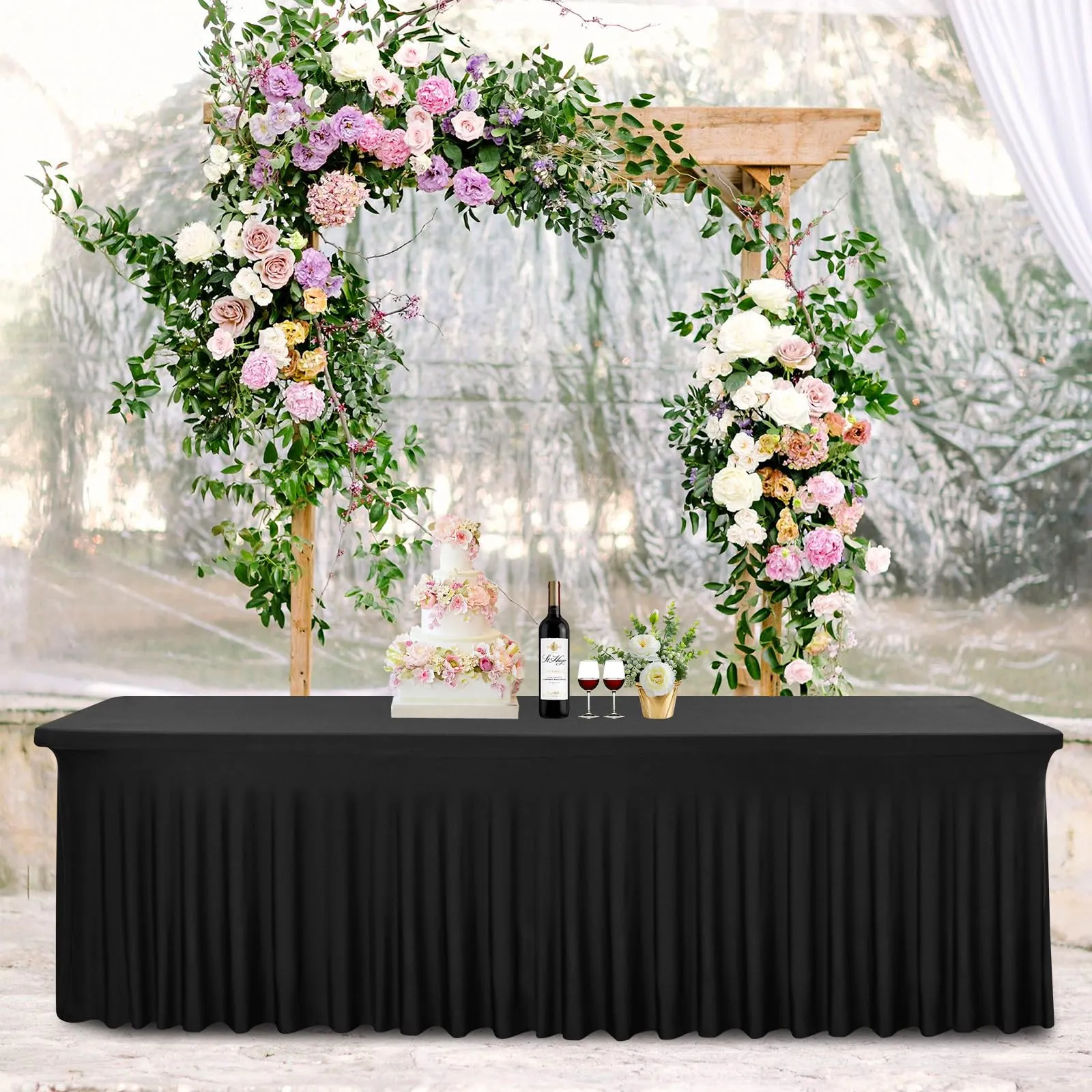 2 gonne da tavolo in spandex, 244 x 76 x 76 cm, nero elasticizzato, con gonna, lavabile, per tavoli rettangolari da 8 piedi, copertura retrattile per matrimoni, banchetti e fiere - immagine 2