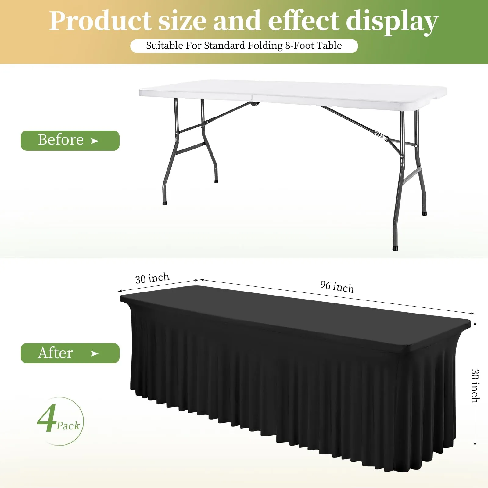 2 gonne da tavolo in spandex, 244 x 76 x 76 cm, nero elasticizzato, con gonna, lavabile, per tavoli rettangolari da 8 piedi, copertura retrattile per matrimoni, banchetti e fiere - immagine 3
