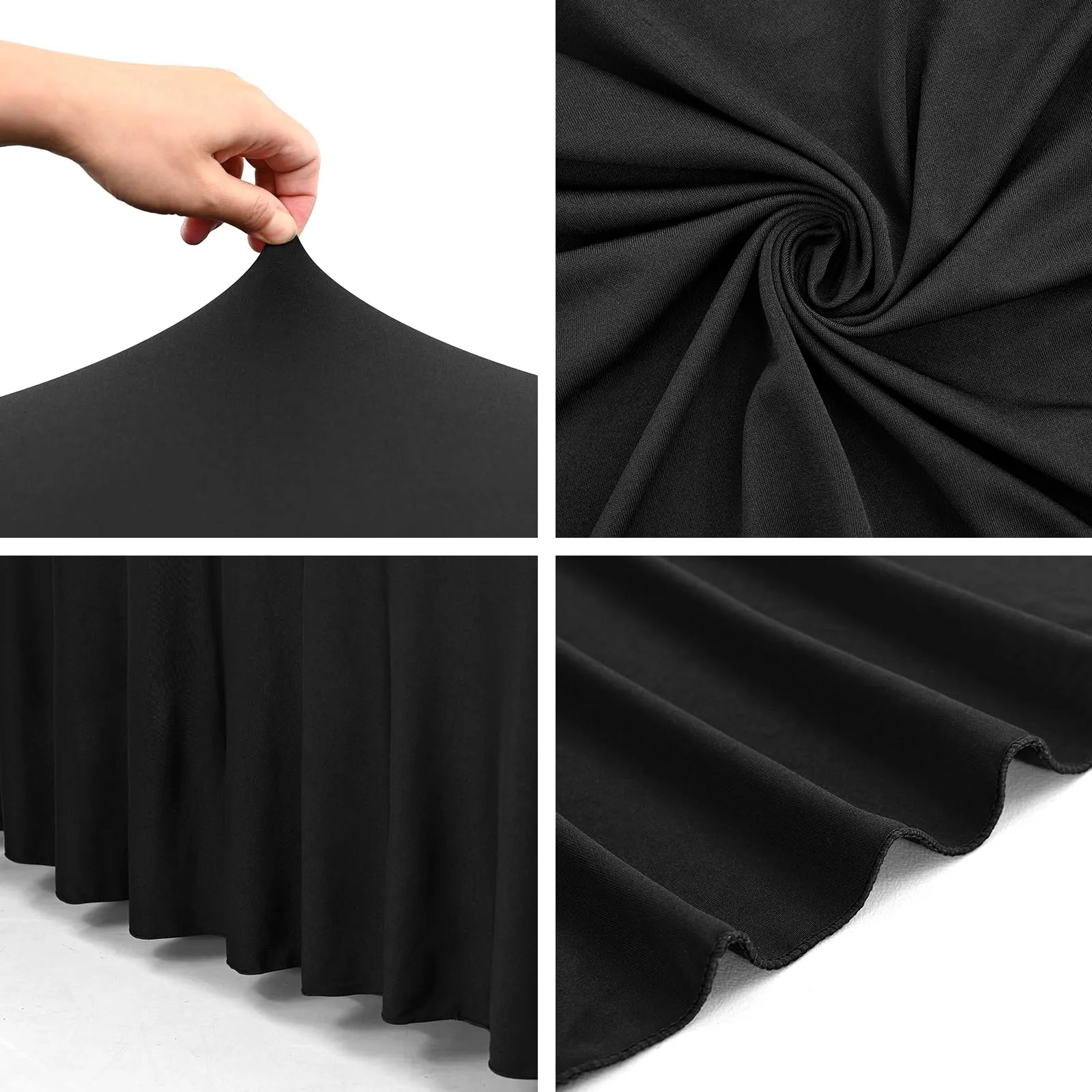 2 gonne da tavolo in spandex, 244 x 76 x 76 cm, nero elasticizzato, con gonna, lavabile, per tavoli rettangolari da 8 piedi, copertura retrattile per matrimoni, banchetti e fiere - immagine 4