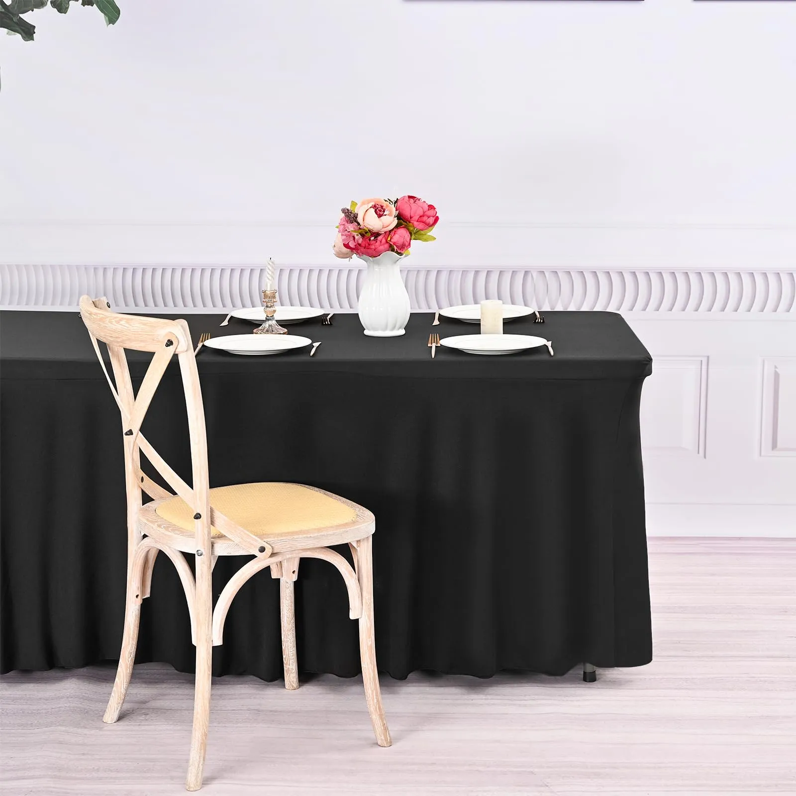 2 gonne da tavolo in spandex, 244 x 76 x 76 cm, nero elasticizzato, con gonna, lavabile, per tavoli rettangolari da 8 piedi, copertura retrattile per matrimoni, banchetti e fiere - immagine 5