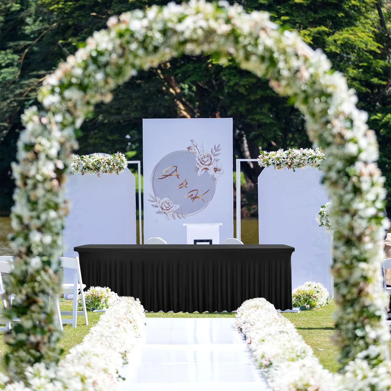 2 gonne da tavolo in spandex, 244 x 76 x 76 cm, nero elasticizzato, con gonna, lavabile, per tavoli rettangolari da 8 piedi, copertura retrattile per matrimoni, banchetti e fiere - immagine 6