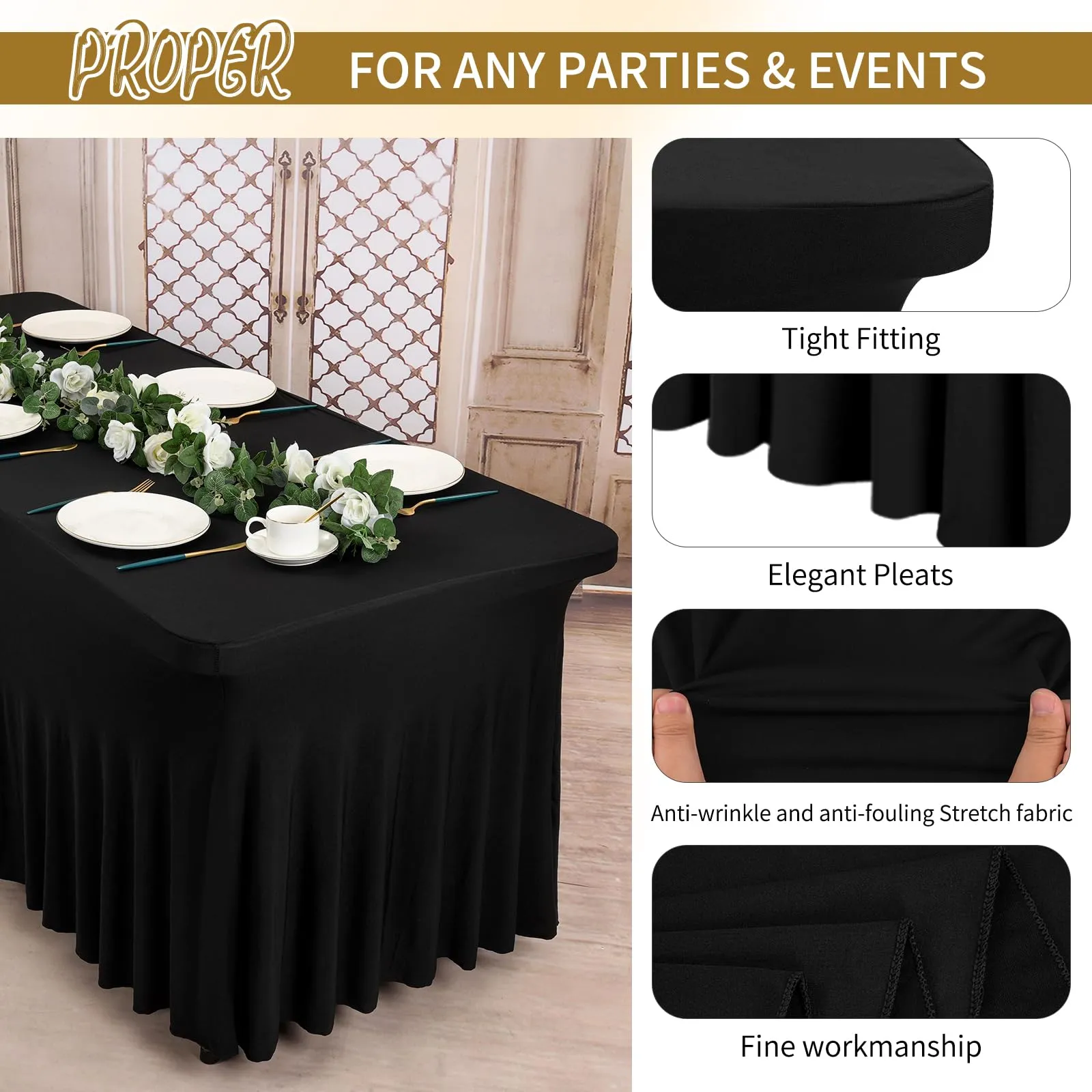 2 gonne da tavolo in spandex, 183 x 76 x 76 cm, nero elasticizzato, con gonna, lavabile, per tavoli rettangolari da 6 piedi, copertura retrattile per matrimoni, banchetti e fiere - immagine 4