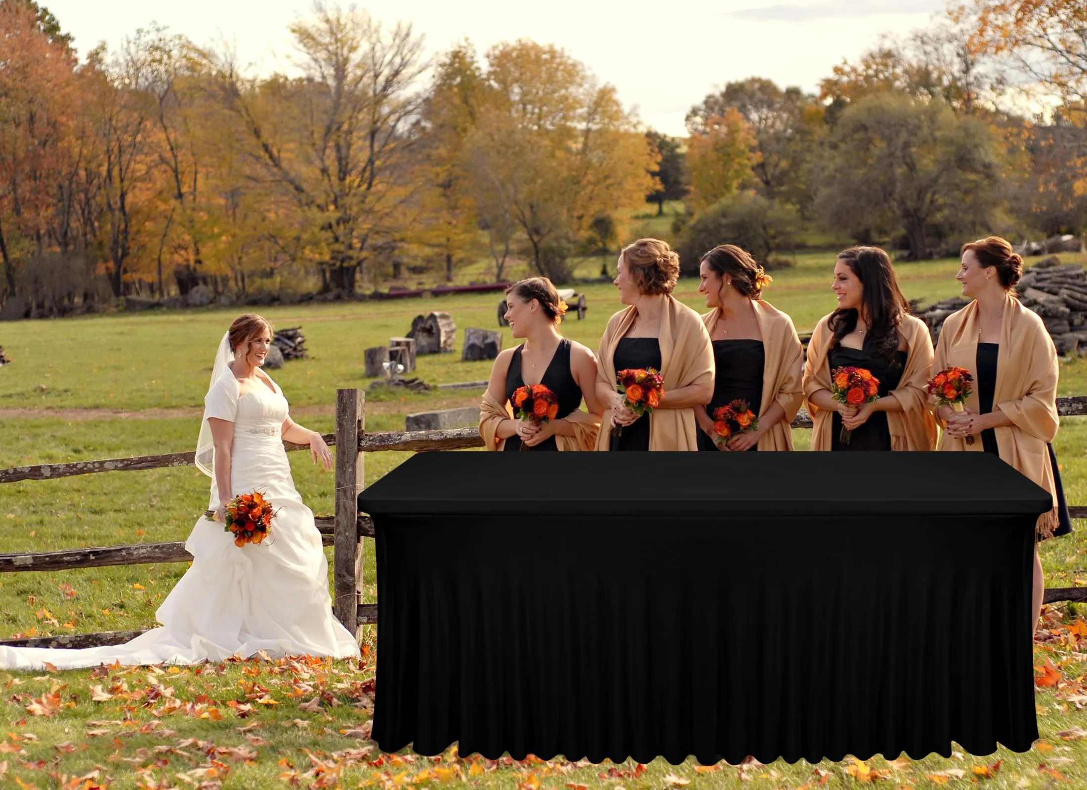 2 gonne da tavolo in spandex, 183 x 76 x 76 cm, nero elasticizzato, con gonna, lavabile, per tavoli rettangolari da 6 piedi, copertura retrattile per matrimoni, banchetti e fiere - immagine 6