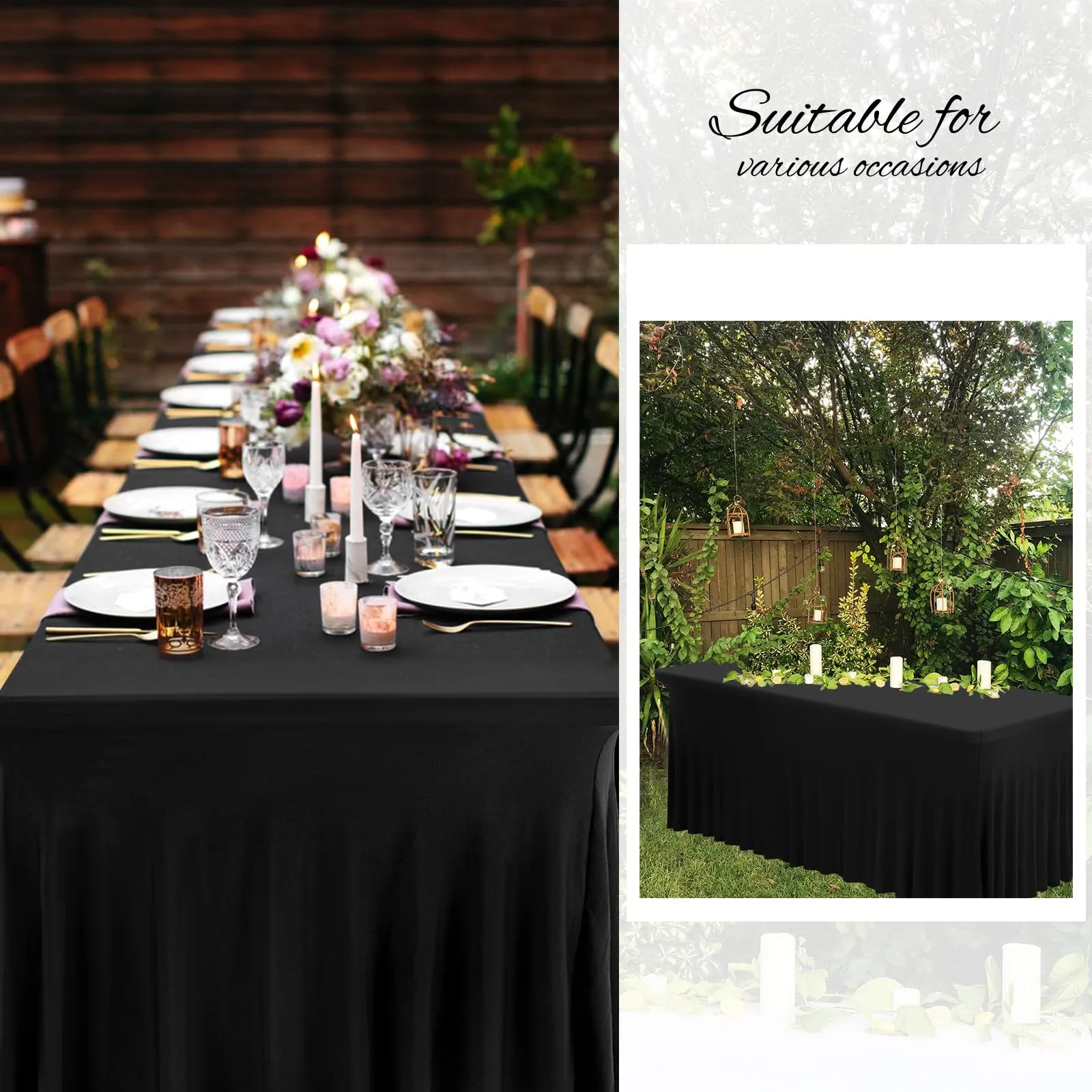 2 gonne da tavolo in spandex, 183 x 76 x 76 cm, nero elasticizzato, con gonna, lavabile, per tavoli rettangolari da 6 piedi, copertura retrattile per matrimoni, banchetti e fiere - immagine 7