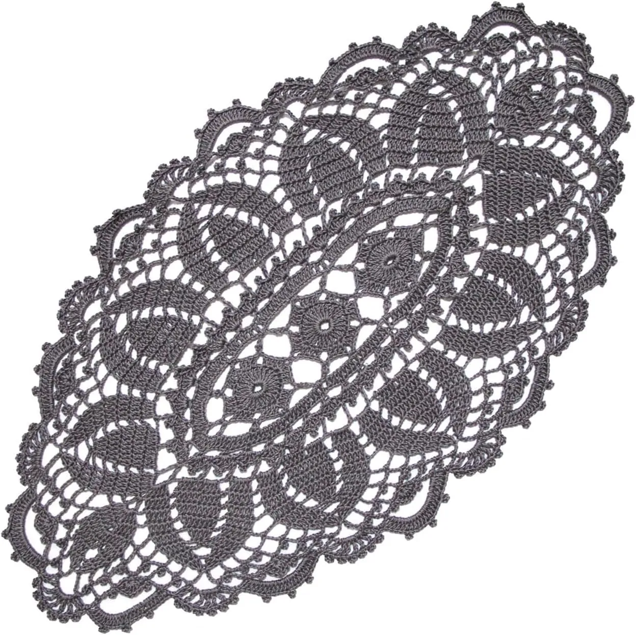 BOMHCS Confezione da 1 centrino ovale in pizzo, larghezza (25,4 - 30,5 cm) x lunghezza (da 50,8 cm a 55,9 cm) fatto a mano all'uncinetto, centrino per comò, sciarpe, tovaglia (1, grigio scuro) - immagine 1