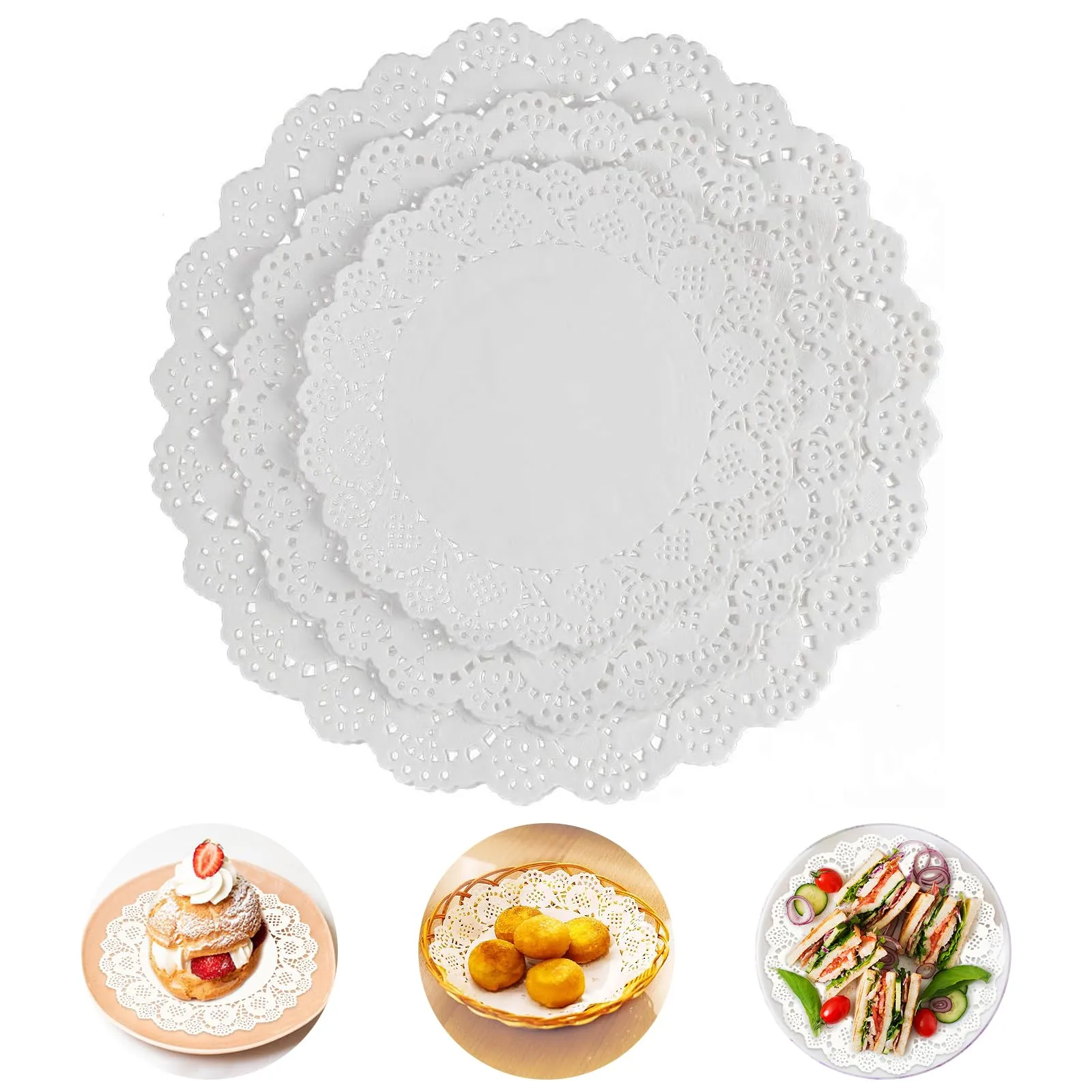 300 Fogli Centrini di Carta in Pizzo Bianco Centrini di Carta Rotondo Pizzo, Sottobicchieri in Pizzo, Centrini di Carta per Torte per Matrimoni, Compleanni, Dolci, Stoviglie, Decorazioni da Tavola (A) - immagine 1