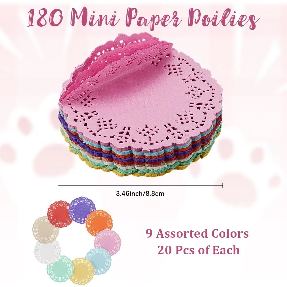CREATCABIN 180 pz. Centrini di Carta in Pizzo Colorato Centrini di Carta Rotondi Mini Tovagliette USA e Getta Carta Oleata per Cucina Cottura Stoviglie Decorazioni 8.8cm 9 Colori. - immagine 2