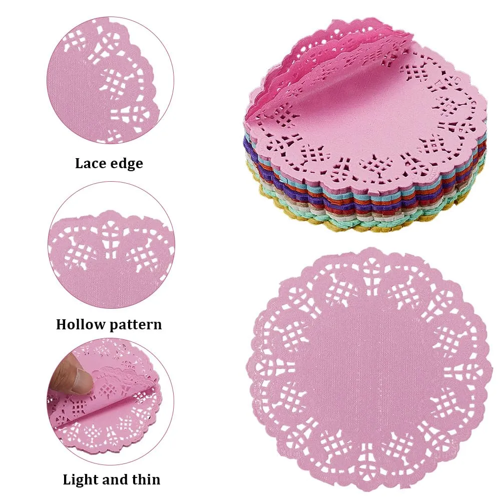 CREATCABIN 180 pz. Centrini di Carta in Pizzo Colorato Centrini di Carta Rotondi Mini Tovagliette USA e Getta Carta Oleata per Cucina Cottura Stoviglie Decorazioni 8.8cm 9 Colori. - immagine 4