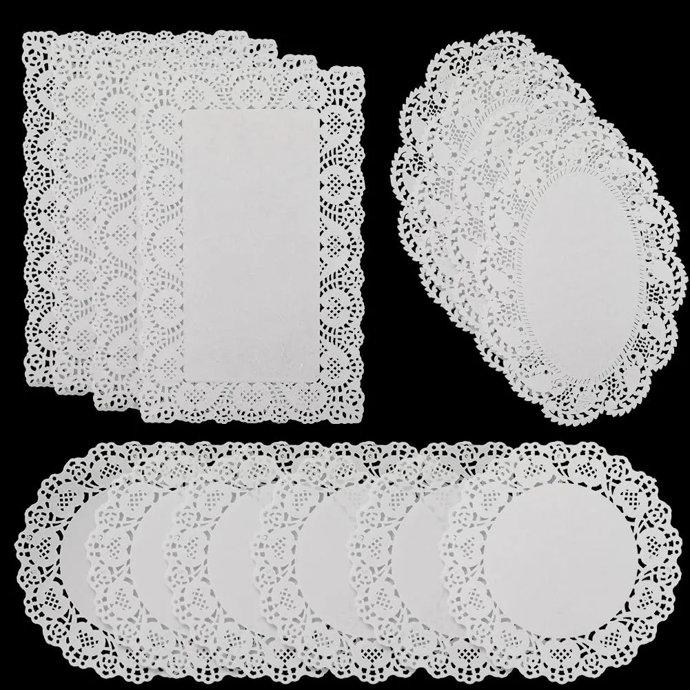 CREATCABIN 150 pz. Centrini Carta Rotondi Rettangolari Bianchi Centrini Carta in Pizzo Antigrasso Tovagliette USA e Getta Decorazione Cottura Dessert Vassoi Artigianato Cibo Fritto Stoviglie 30x19cm - immagine 1