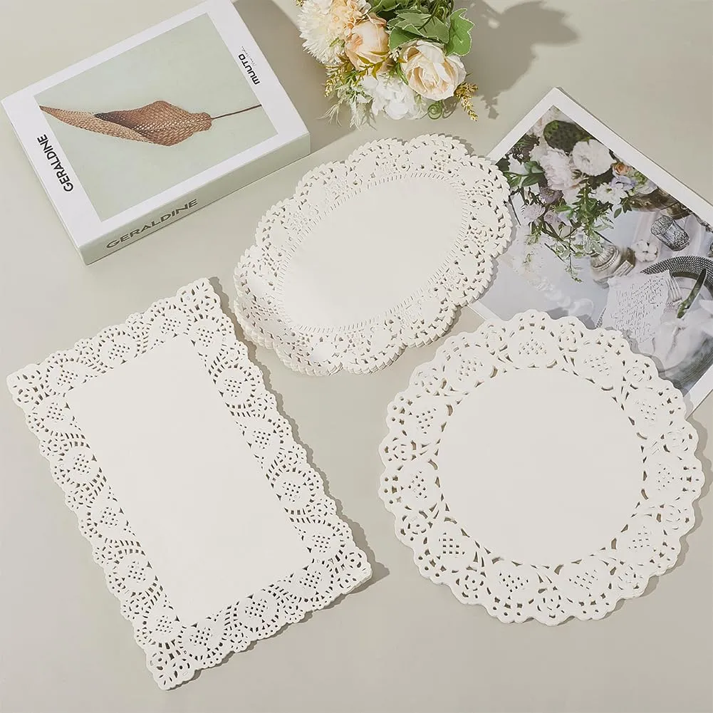 CREATCABIN 150 pz. Centrini Carta Rotondi Rettangolari Bianchi Centrini Carta in Pizzo Antigrasso Tovagliette USA e Getta Decorazione Cottura Dessert Vassoi Artigianato Cibo Fritto Stoviglie 30x19cm - immagine 3