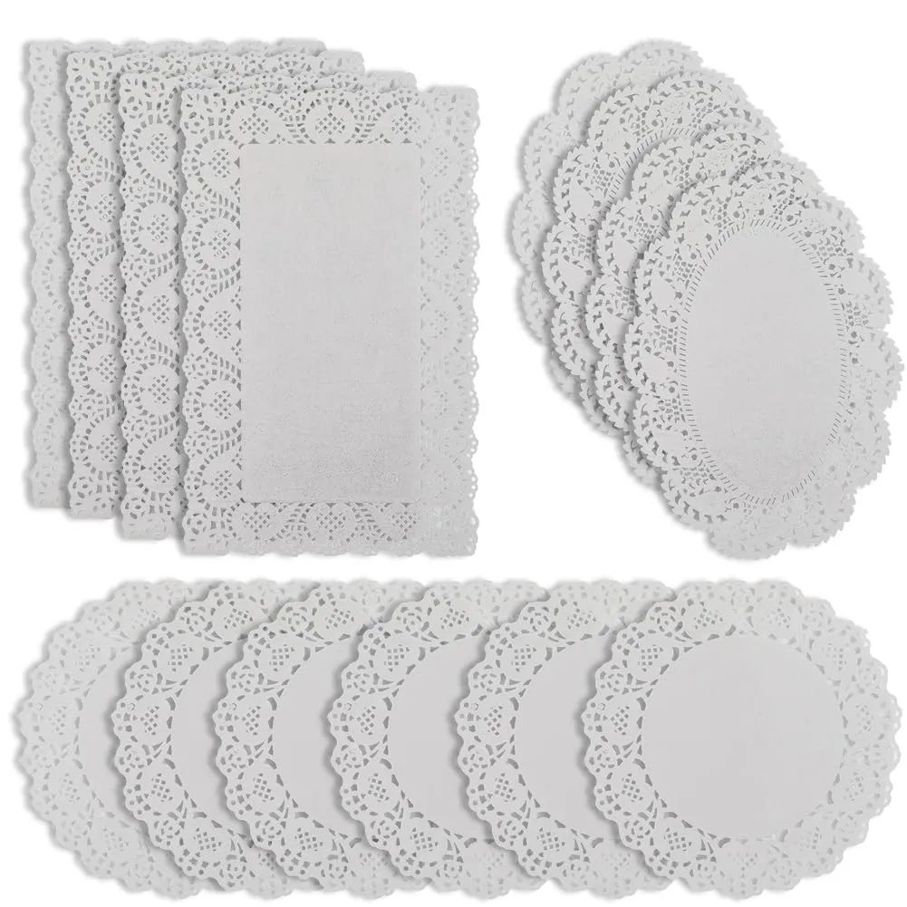 CREATCABIN 150 pz. Centrini Carta Rotondi Rettangolari Bianchi Centrini Carta in Pizzo Antigrasso Tovagliette USA e Getta Decorazione Cottura Dessert Vassoi Artigianato Cibo Fritto Stoviglie 30x19cm - immagine 6