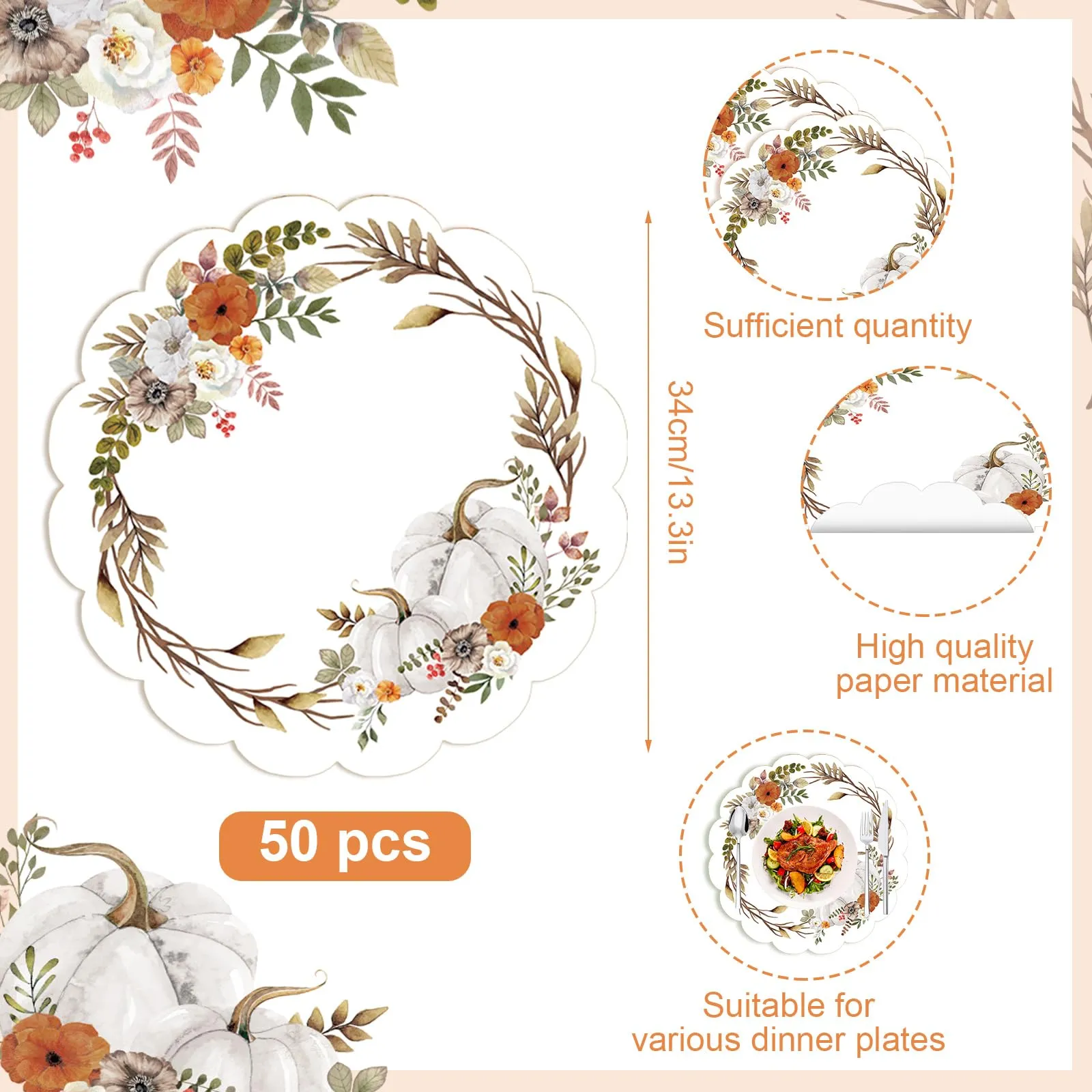 50 tovagliette ovali di carta con fiori autunnali, 33,4 cm, motivo foglie di zucca acquerello, tovagliette rotonde per autunno del Ringraziamento, tovagliette usa e getta per autunno, Ringraziamento - immagine 2