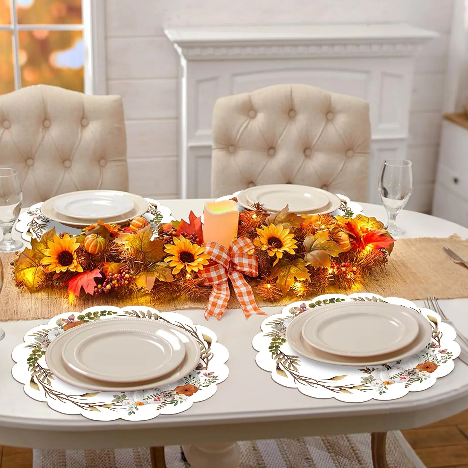 50 tovagliette ovali di carta con fiori autunnali, 33,4 cm, motivo foglie di zucca acquerello, tovagliette rotonde per autunno del Ringraziamento, tovagliette usa e getta per autunno, Ringraziamento - immagine 3