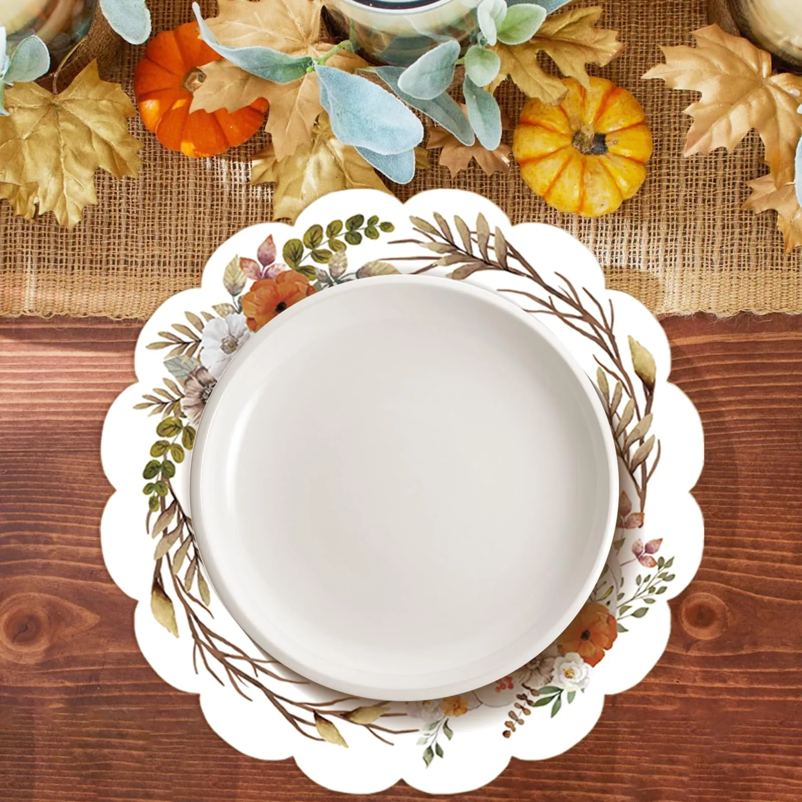 50 tovagliette ovali di carta con fiori autunnali, 33,4 cm, motivo foglie di zucca acquerello, tovagliette rotonde per autunno del Ringraziamento, tovagliette usa e getta per autunno, Ringraziamento - immagine 4