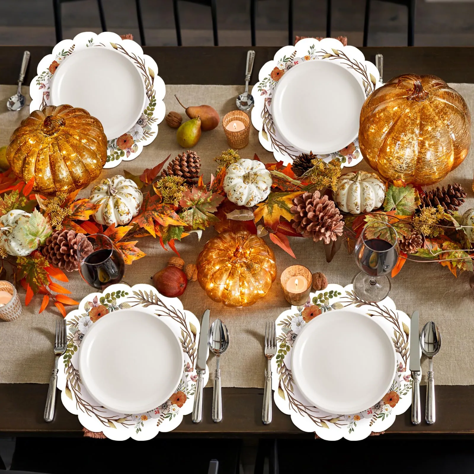 50 tovagliette ovali di carta con fiori autunnali, 33,4 cm, motivo foglie di zucca acquerello, tovagliette rotonde per autunno del Ringraziamento, tovagliette usa e getta per autunno, Ringraziamento - immagine 5