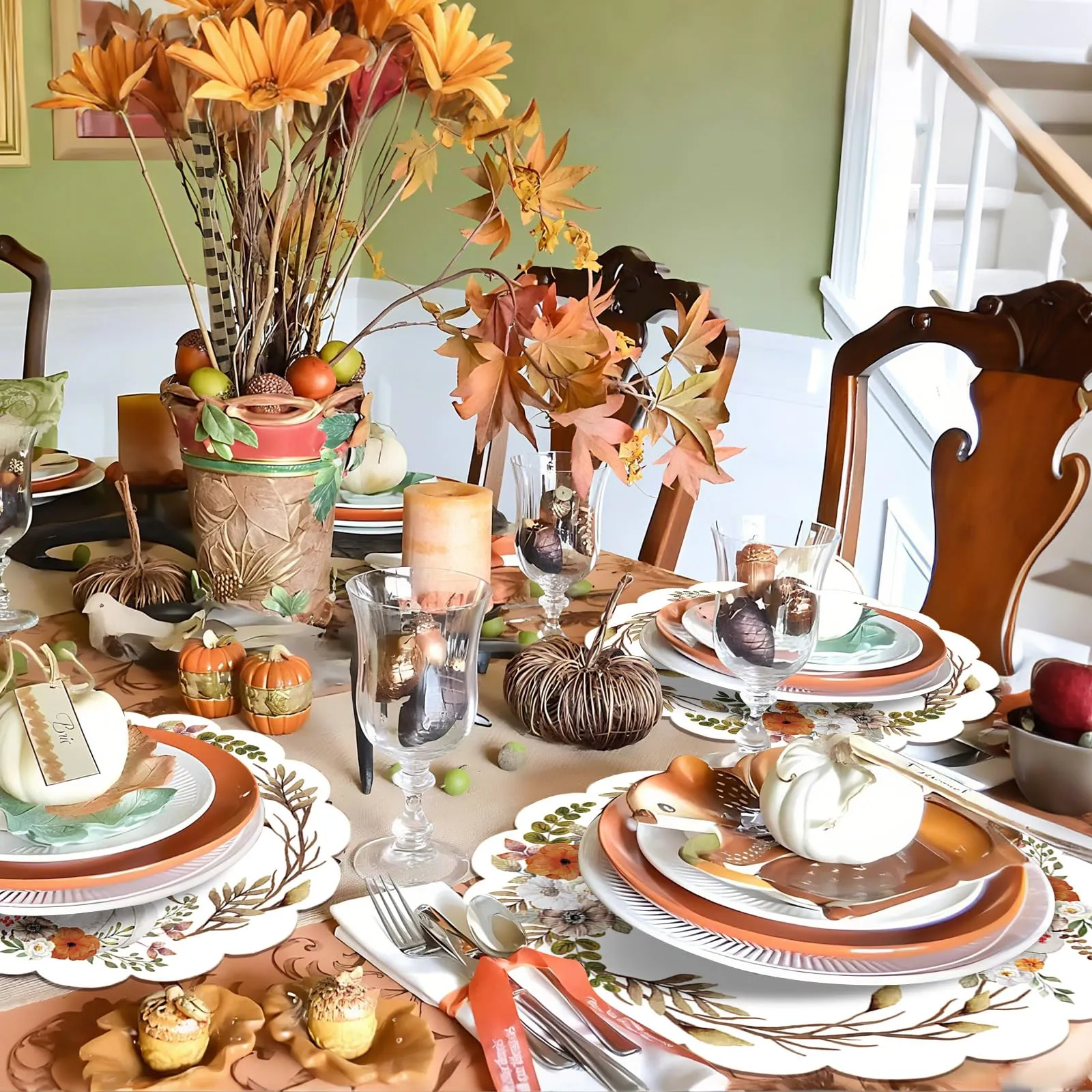 50 tovagliette ovali di carta con fiori autunnali, 33,4 cm, motivo foglie di zucca acquerello, tovagliette rotonde per autunno del Ringraziamento, tovagliette usa e getta per autunno, Ringraziamento - immagine 6