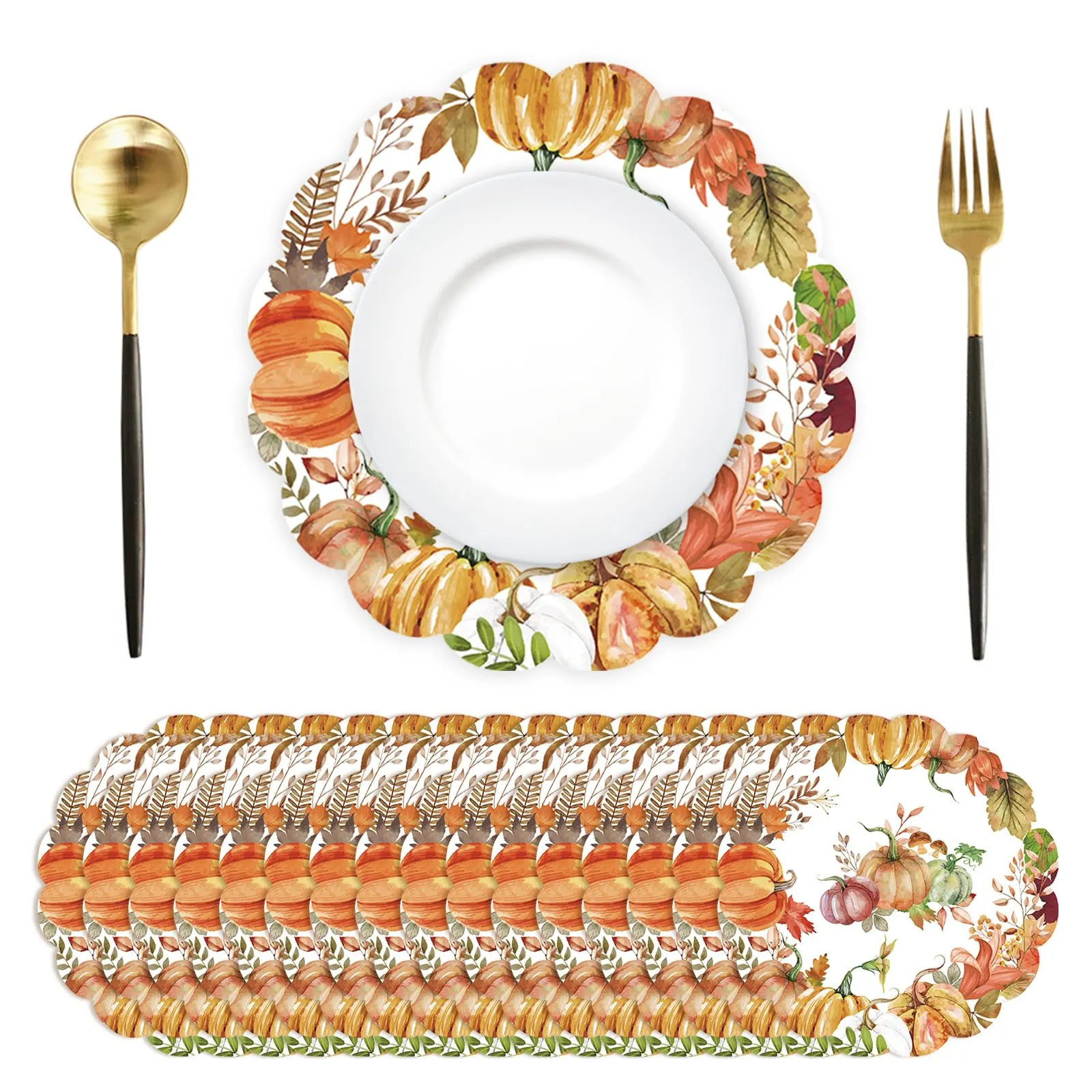 50 tovagliette rotonde di carta con foglie di zucca ad acquerello, 34 cm, autunnali, con foglie d'acero, ovali, smerlate, usa e getta, per raccolta, compleanno, festa del Ringraziamento - immagine 1