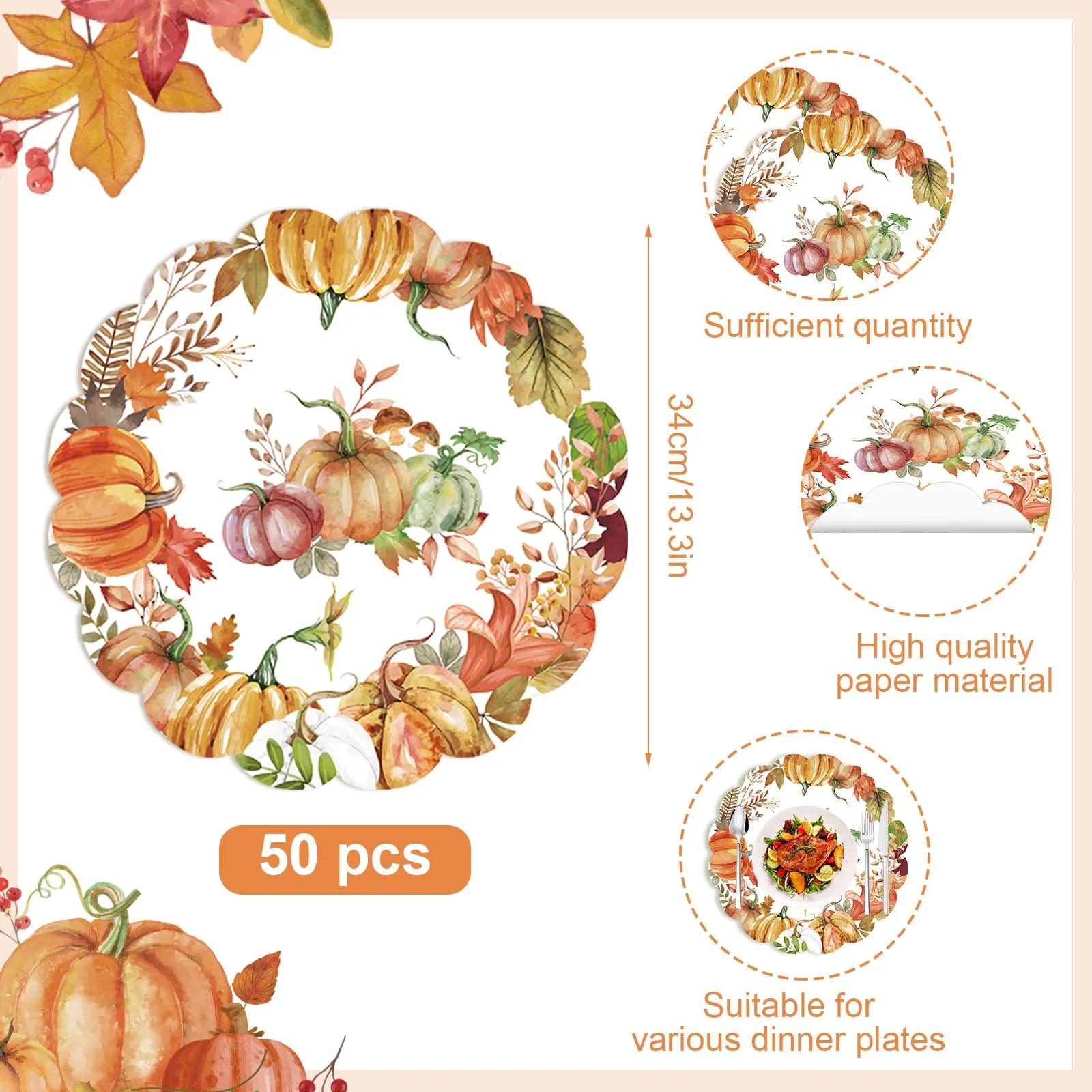 50 tovagliette rotonde di carta con foglie di zucca ad acquerello, 34 cm, autunnali, con foglie d'acero, ovali, smerlate, usa e getta, per raccolta, compleanno, festa del Ringraziamento - immagine 2