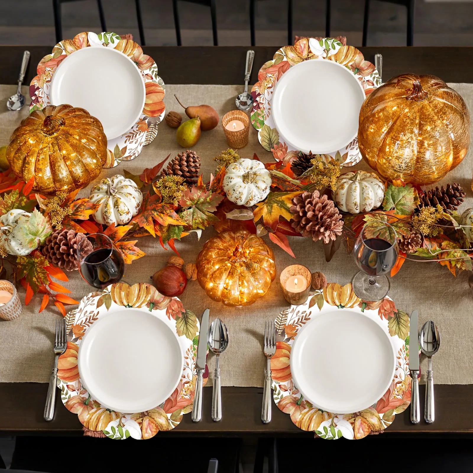 50 tovagliette rotonde di carta con foglie di zucca ad acquerello, 34 cm, autunnali, con foglie d'acero, ovali, smerlate, usa e getta, per raccolta, compleanno, festa del Ringraziamento - immagine 3