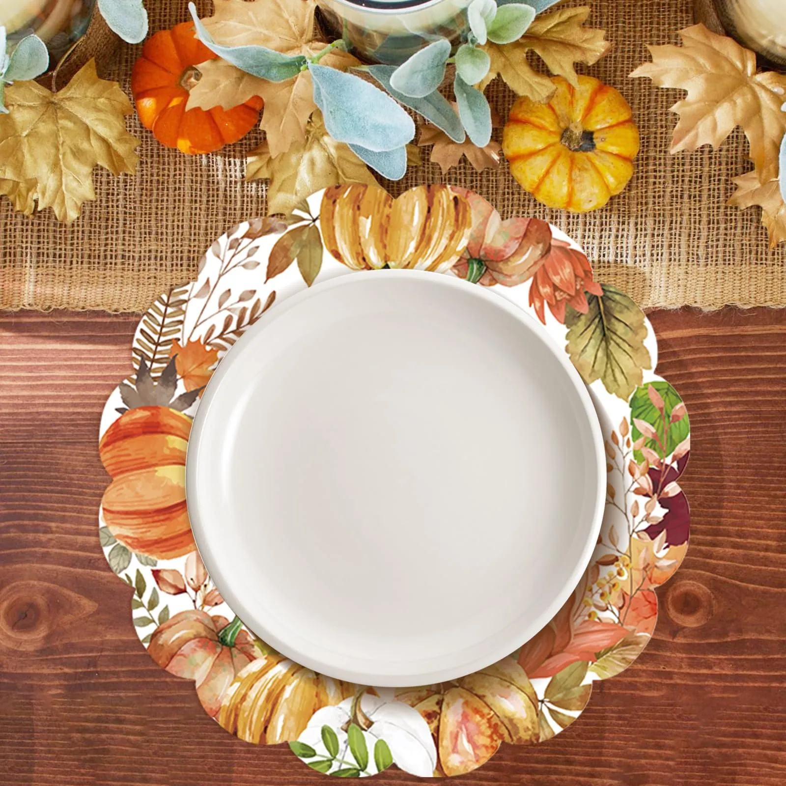 50 tovagliette rotonde di carta con foglie di zucca ad acquerello, 34 cm, autunnali, con foglie d'acero, ovali, smerlate, usa e getta, per raccolta, compleanno, festa del Ringraziamento - immagine 4