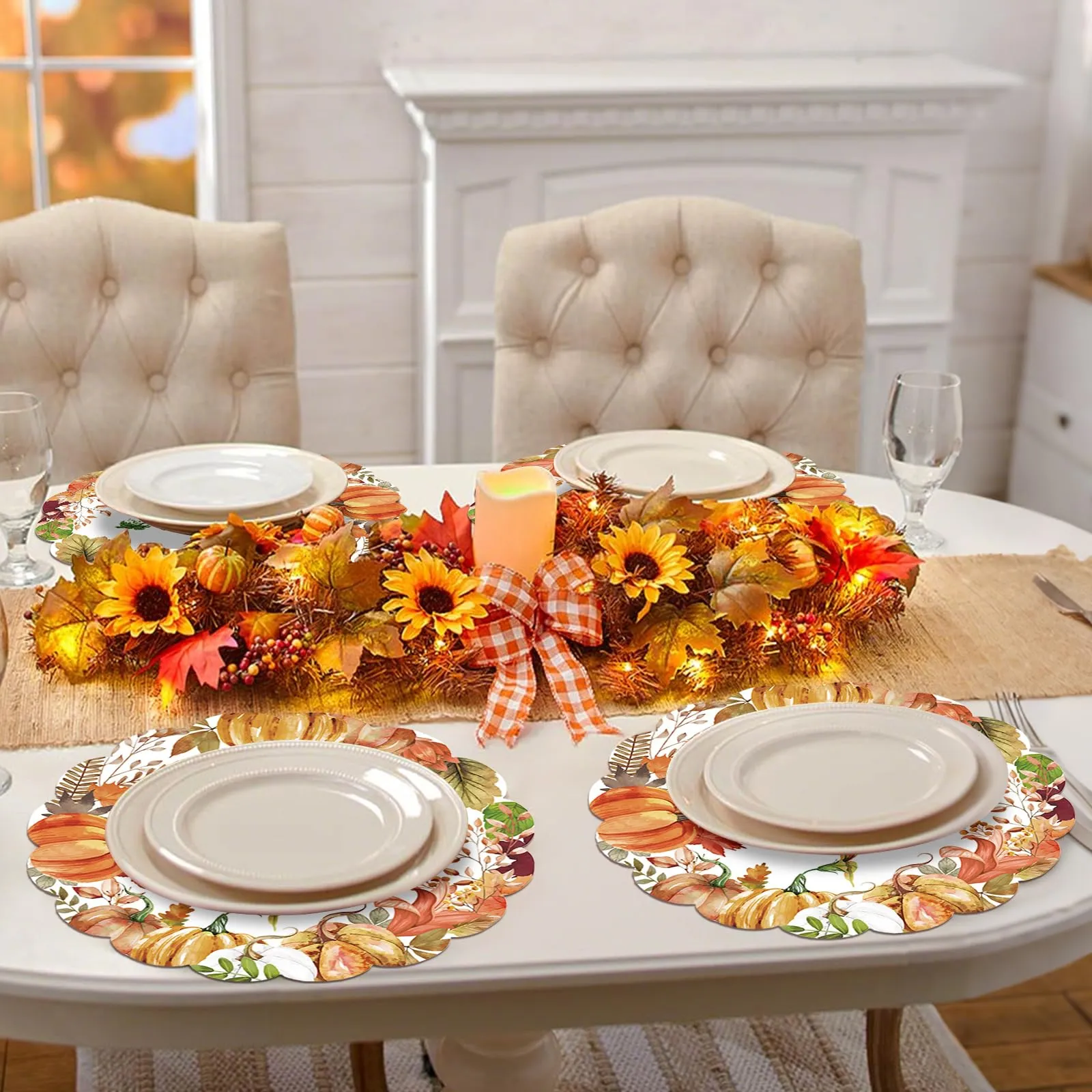 50 tovagliette rotonde di carta con foglie di zucca ad acquerello, 34 cm, autunnali, con foglie d'acero, ovali, smerlate, usa e getta, per raccolta, compleanno, festa del Ringraziamento - immagine 5