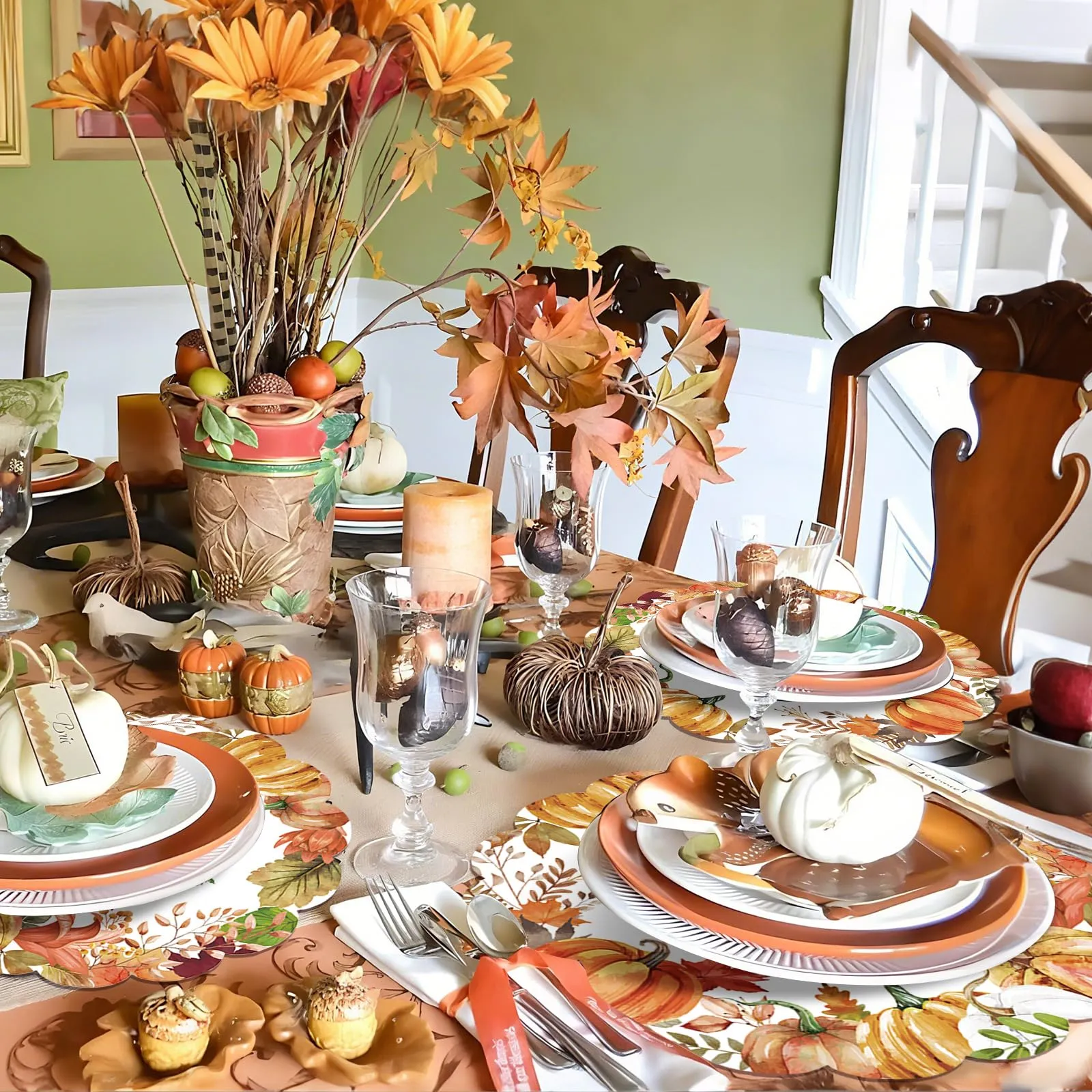 50 tovagliette rotonde di carta con foglie di zucca ad acquerello, 34 cm, autunnali, con foglie d'acero, ovali, smerlate, usa e getta, per raccolta, compleanno, festa del Ringraziamento - immagine 6