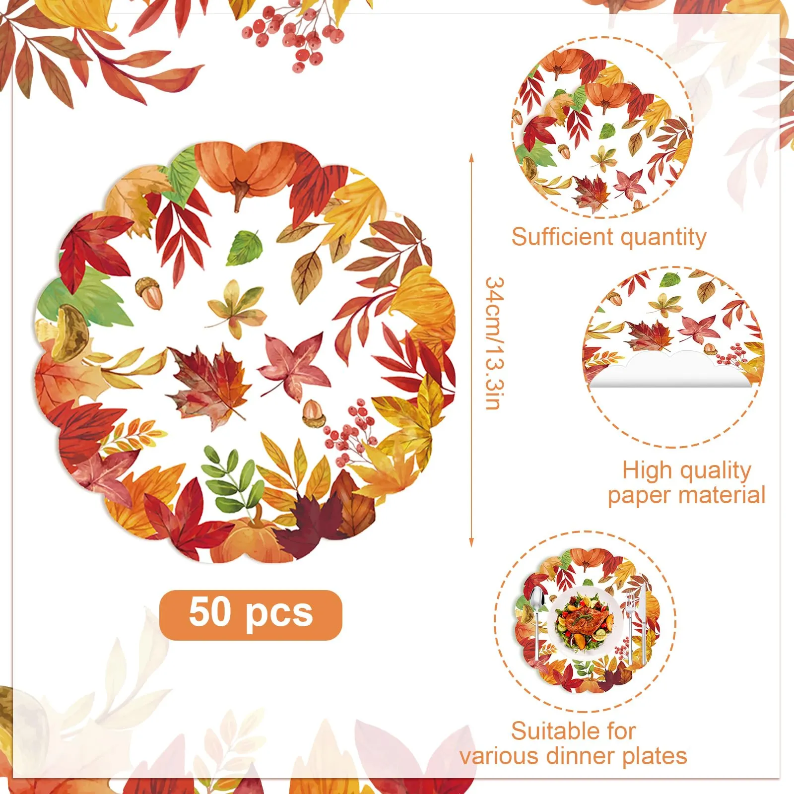 50 tovagliette rotonde di carta per il Ringraziamento autunnale, 33,4 cm, foglie d'acero autunnali, tovagliette rotonde smerlate usa e getta per il raccolto, compleanno, festa del Ringraziamento - immagine 2