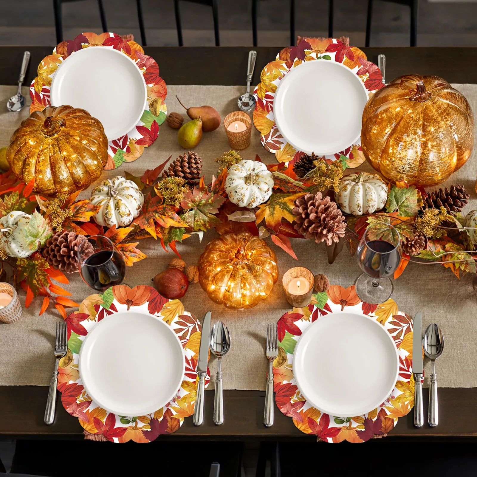 50 tovagliette rotonde di carta per il Ringraziamento autunnale, 33,4 cm, foglie d'acero autunnali, tovagliette rotonde smerlate usa e getta per il raccolto, compleanno, festa del Ringraziamento - immagine 3