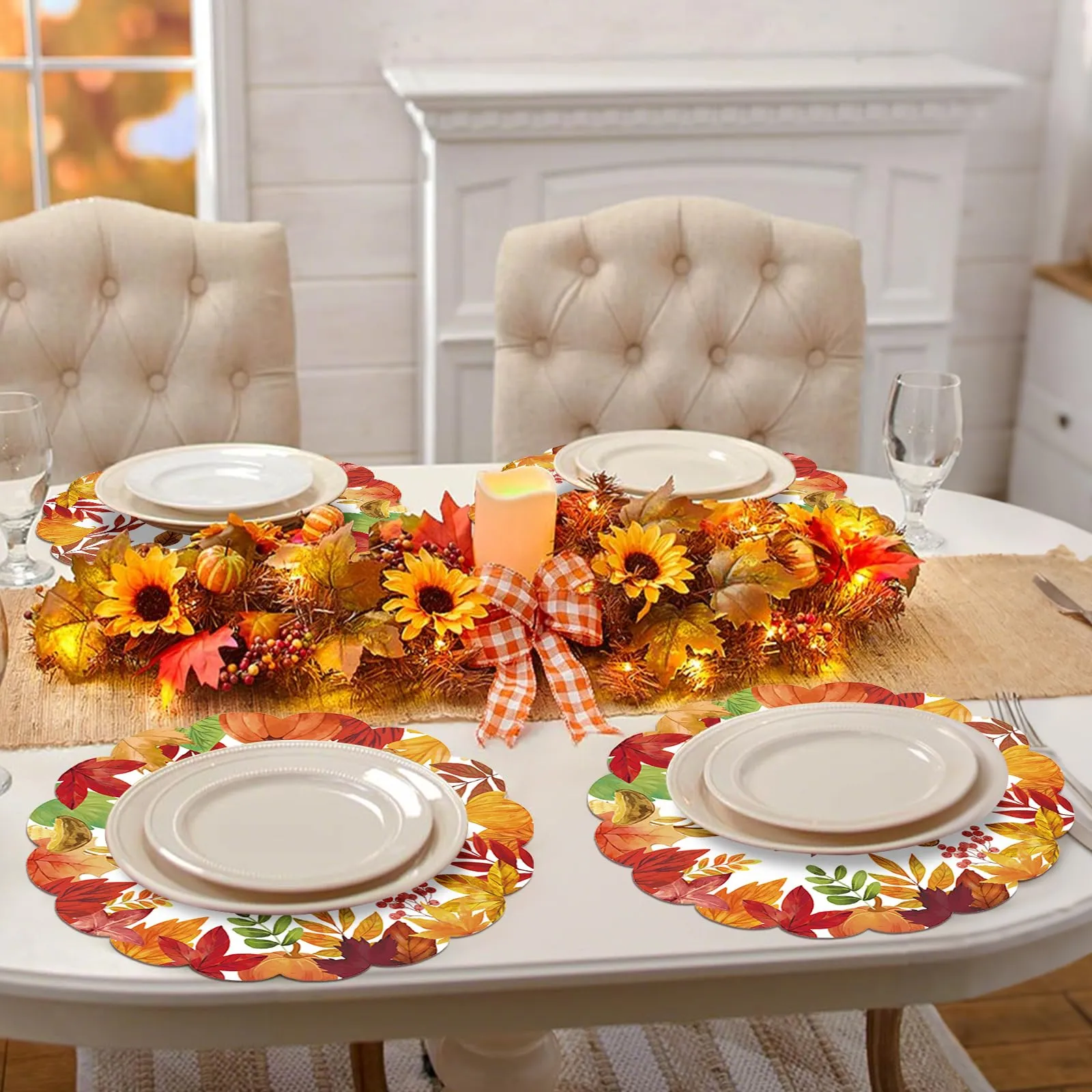 50 tovagliette rotonde di carta per il Ringraziamento autunnale, 33,4 cm, foglie d'acero autunnali, tovagliette rotonde smerlate usa e getta per il raccolto, compleanno, festa del Ringraziamento - immagine 6