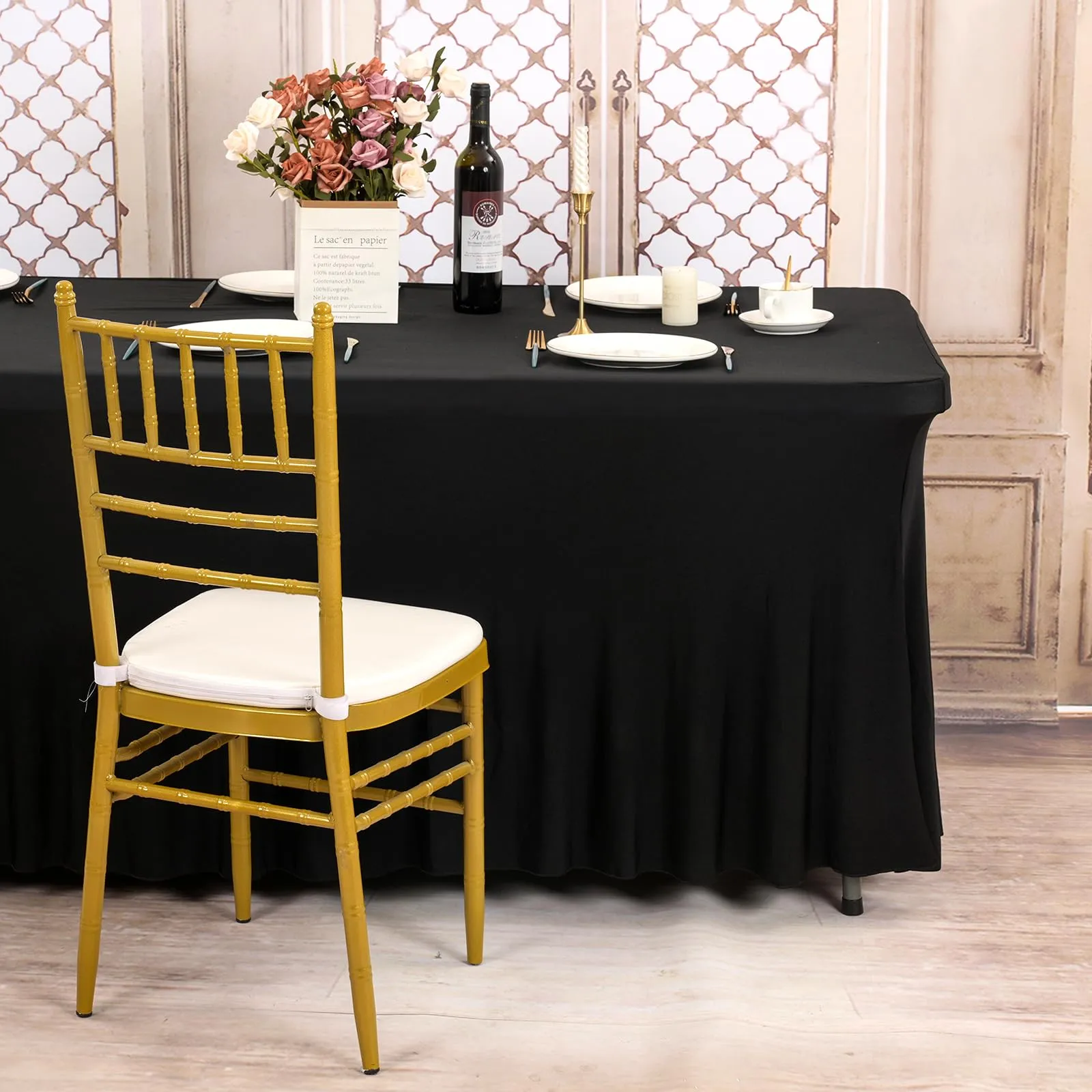 Confezione da 4 Gonne da Tavolo Aderenti in Spandex Nero, Tovaglia Elastica con Gonna Lavabile Antipiega per Tavoli Rettangolari da 6 Piedi, Copritavolo con Drapeadi Ondulati per Matrimoni, Banchetti - immagine 6