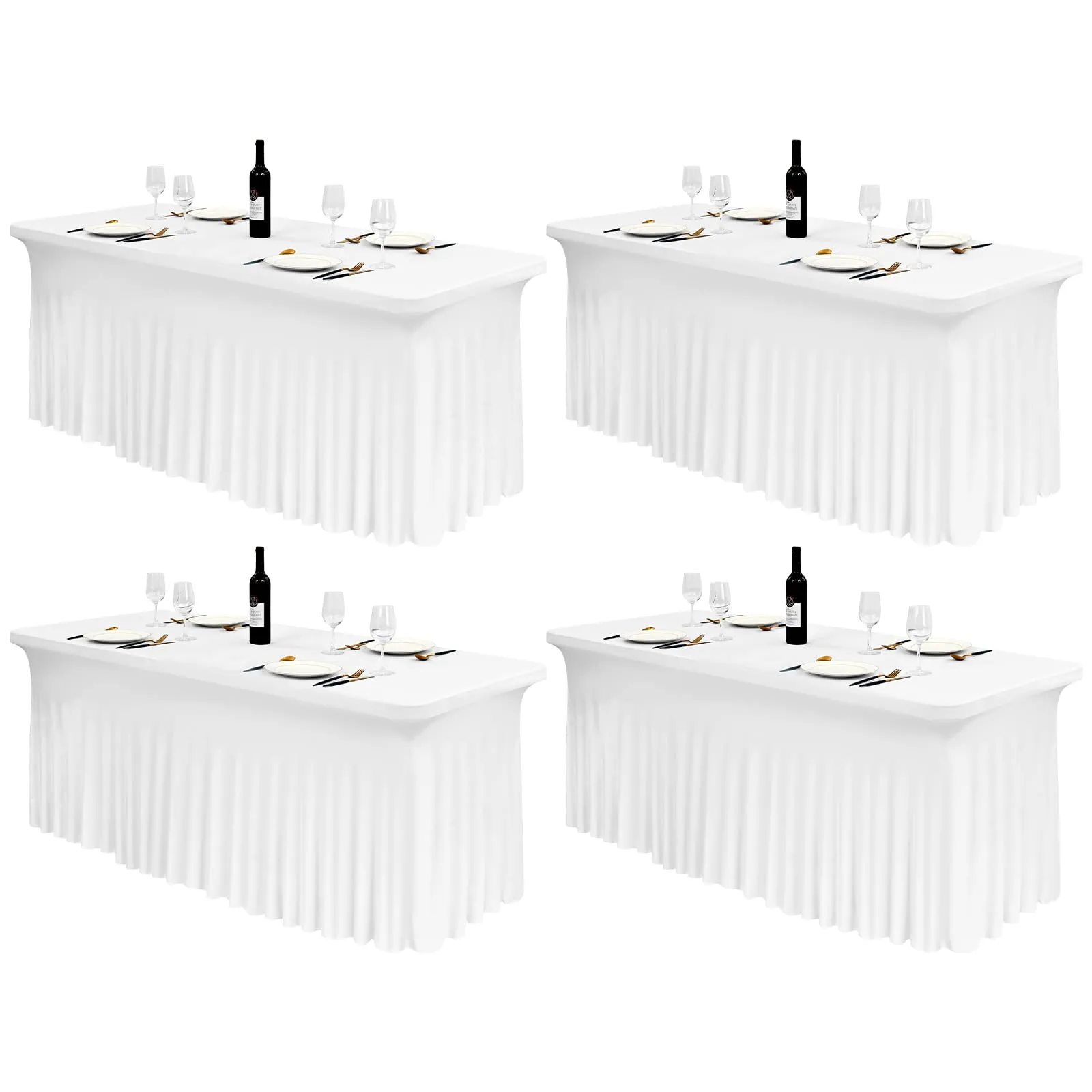 FXKS Confezione da 4 gonne da tavolo in spandex elasticizzato bianco con gonna, lavabile, resistente alle pieghe, per tavoli rettangolari da 1,8 m, copertura per tavolo con tende ondulate per - immagine 1