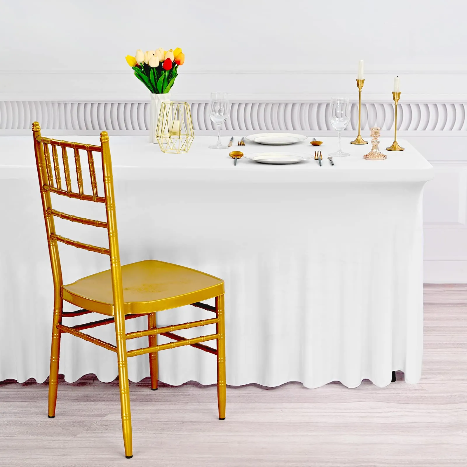 FXKS Confezione da 4 gonne da tavolo in spandex elasticizzato bianco con gonna, lavabile, resistente alle pieghe, per tavoli rettangolari da 1,8 m, copertura per tavolo con tende ondulate per - immagine 5