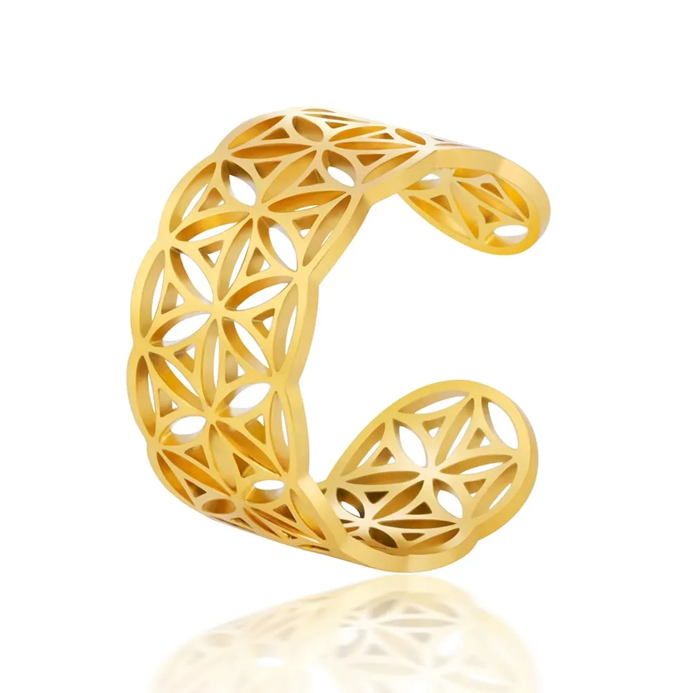 Amaxer Anello con nodo celtico irlandese da donna con motivo a vite in filigrana fiore della vita, geometria sacra ampia, regolabile, anello aperto spesso scavato fuori spiaggia - immagine 1