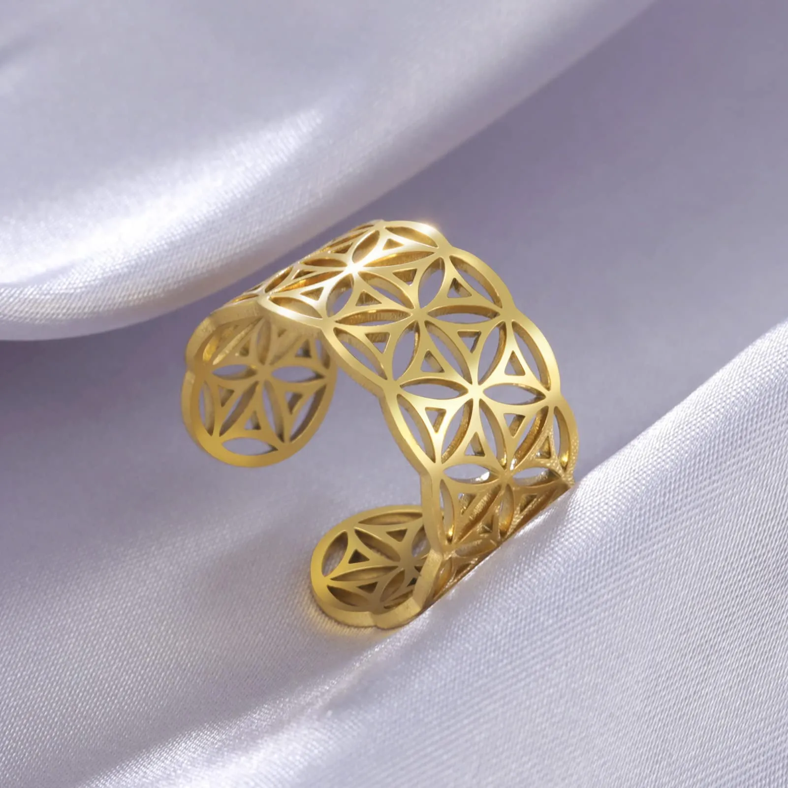 Amaxer Anello con nodo celtico irlandese da donna con motivo a vite in filigrana fiore della vita, geometria sacra ampia, regolabile, anello aperto spesso scavato fuori spiaggia - immagine 3