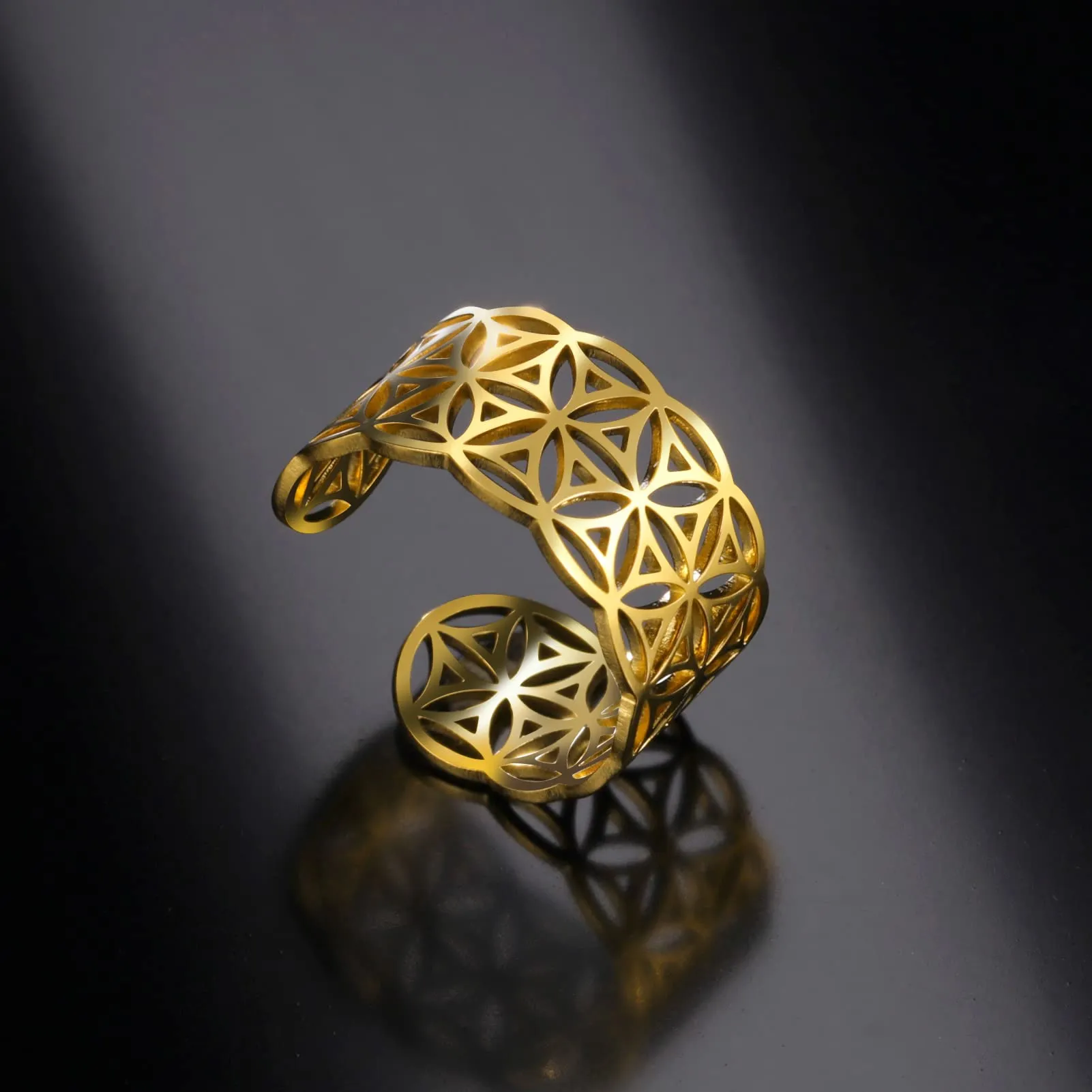Amaxer Anello con nodo celtico irlandese da donna con motivo a vite in filigrana fiore della vita, geometria sacra ampia, regolabile, anello aperto spesso scavato fuori spiaggia - immagine 4