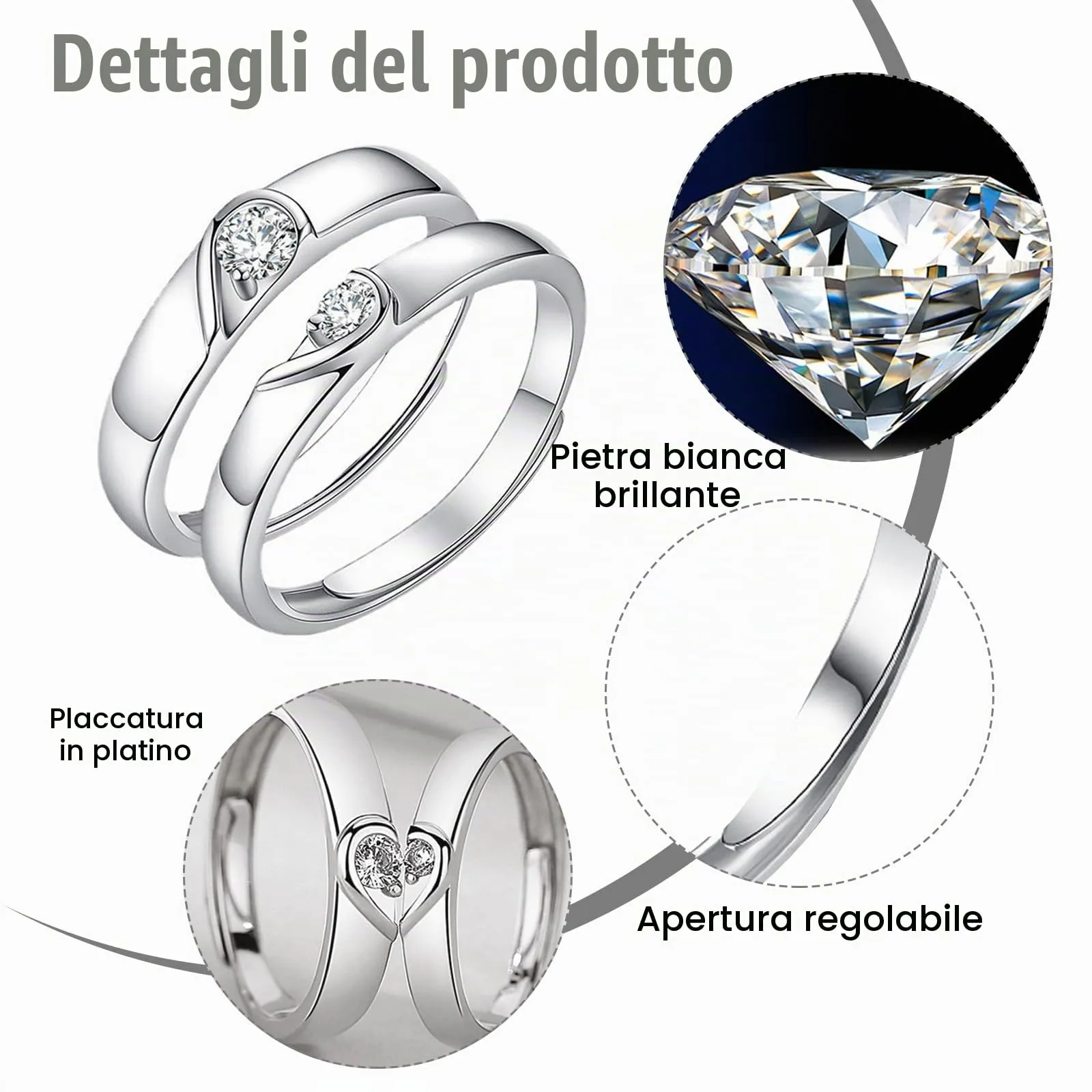 DHWEKU anelli di amicizia-Coppia di Anelli in Argento Sterling 925 con Zirconi Regolabile Fedine Fidanzamento Coppia Anelli Fedine Sposa Confezione - immagine 3