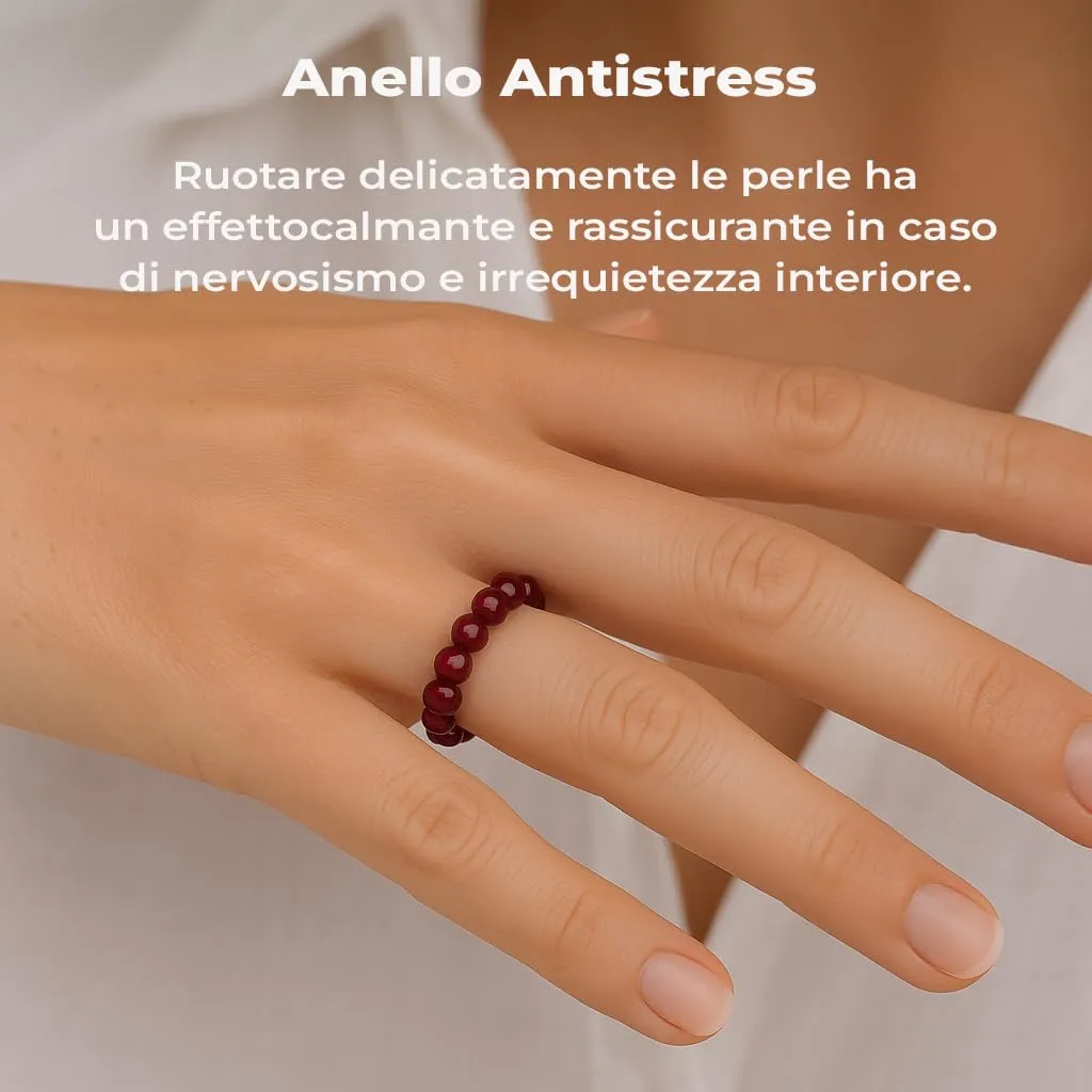 PURAJA Anello con pietra preziosa vera pietra naturale: Granato | Anello elastico antistress | Con perle da 3 mm in minerali di alta qualità - immagine 3