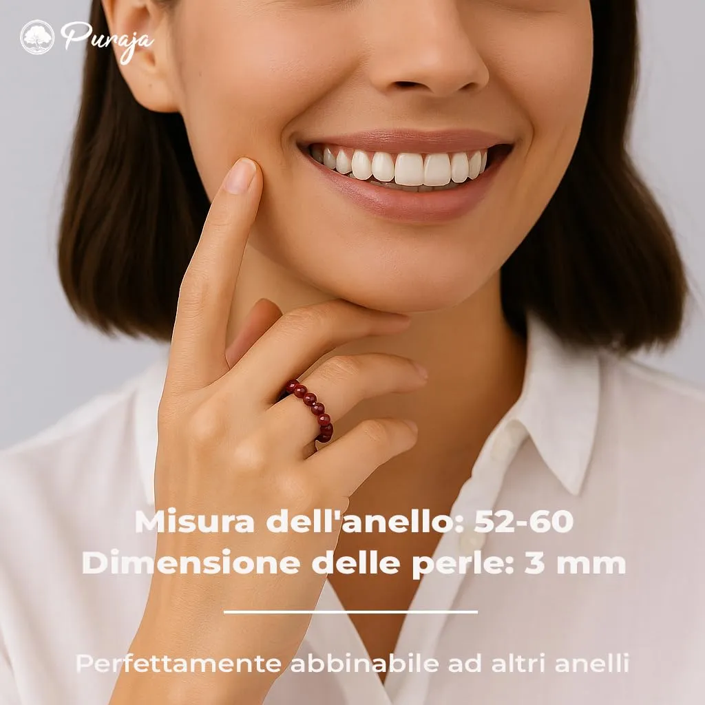 PURAJA Anello con pietra preziosa vera pietra naturale: Granato | Anello elastico antistress | Con perle da 3 mm in minerali di alta qualità - immagine 4