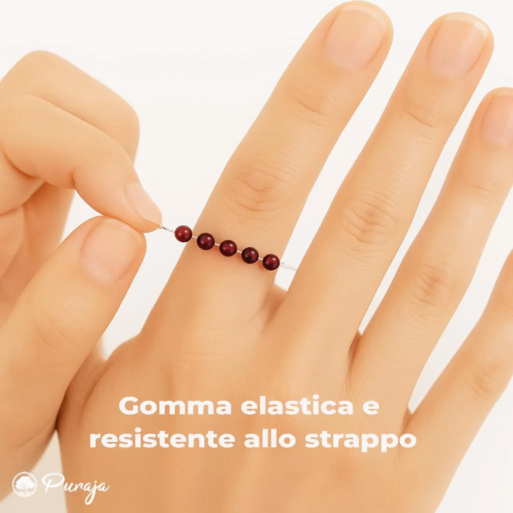 PURAJA Anello con pietra preziosa vera pietra naturale: Granato | Anello elastico antistress | Con perle da 3 mm in minerali di alta qualità - immagine 5