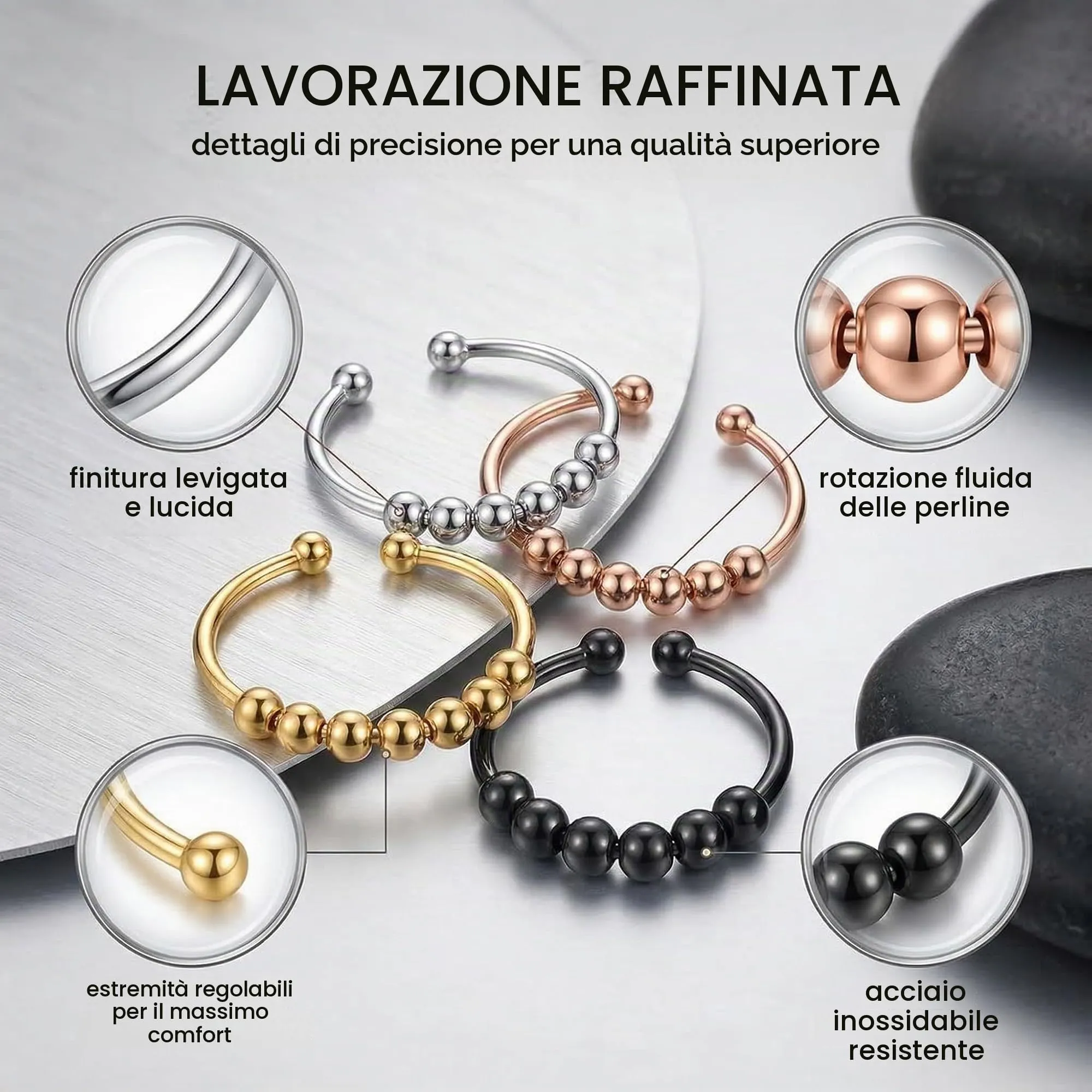 KAHZOR 4 Pezzi Anello Antistress Donna E Uomo, Anelli Antistress Donna E Uomo, Anello Regolabile In Acciaio Inossidabile Con Perline, Anello Regolabile Donna, Anello Ansia Accessorio Elegante - immagine 8
