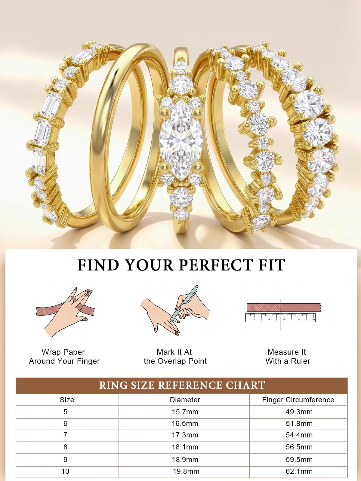 Emibele 14K Placcato Oro Anelli Impilabili Donna, 5 Pezzi - immagine 5