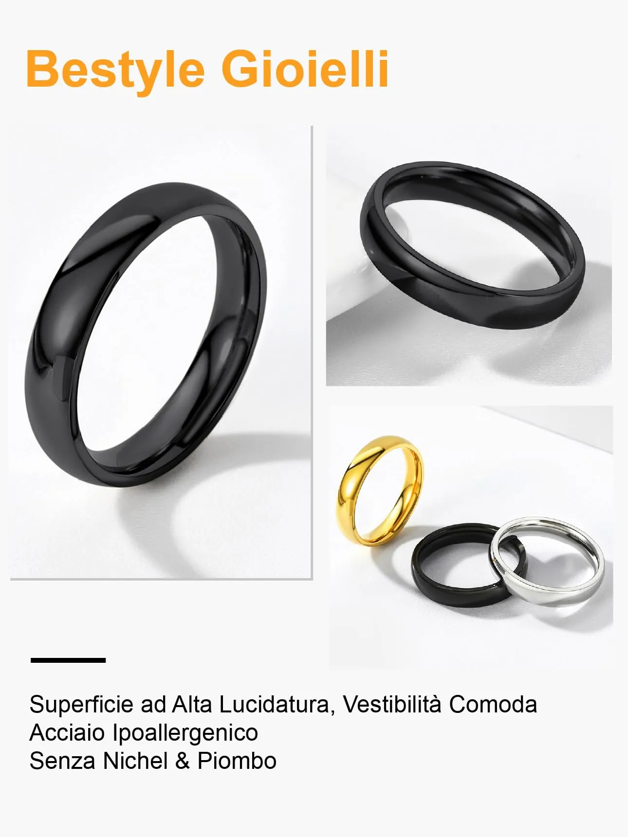 Bestyle Anello Uomo Nero 4mm Acciaio Anello Donna Misura 14 Con Confezione Regalo - immagine 6