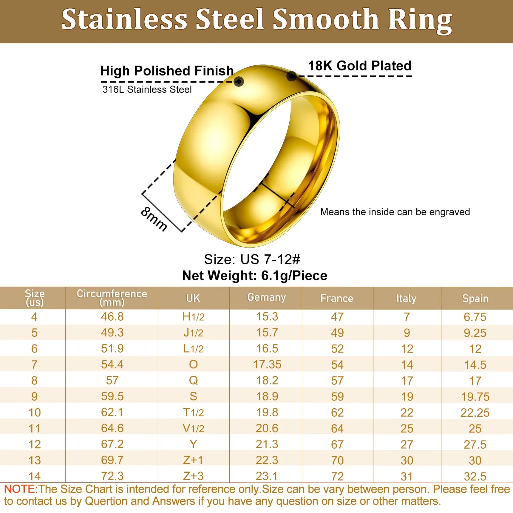 Bestyle Anello Oro Grande Anello Piatto Oro Anelli Acciaio Inox Oro Misura 25 8mm Oro con Confezione Regalo - immagine 4