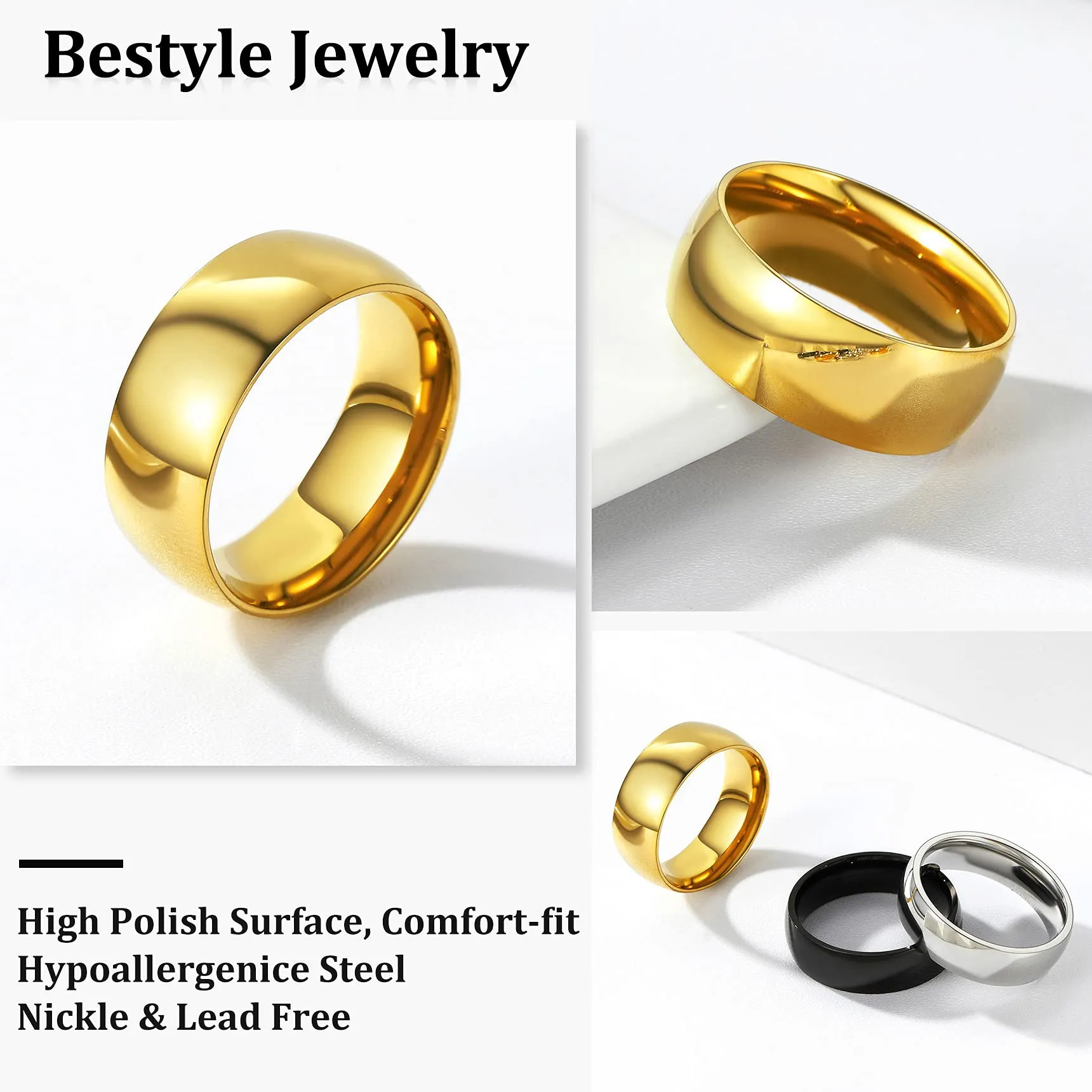 Bestyle Anello Oro Grande Anello Piatto Oro Anelli Acciaio Inox Oro Misura 25 8mm Oro con Confezione Regalo - immagine 5