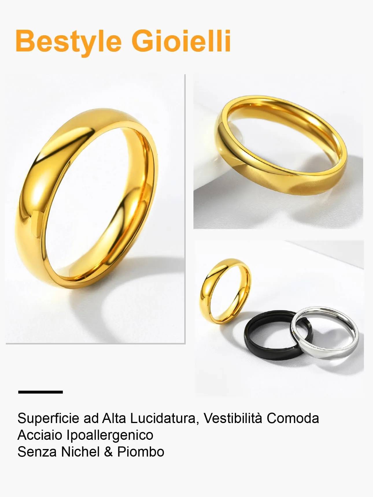 Bestyle Anello Acciaio Oro Anelli Dorati Donna Inossidabili Anello Fede Oro Misura 22 4mm Oro con Confezione Regalo - immagine 3