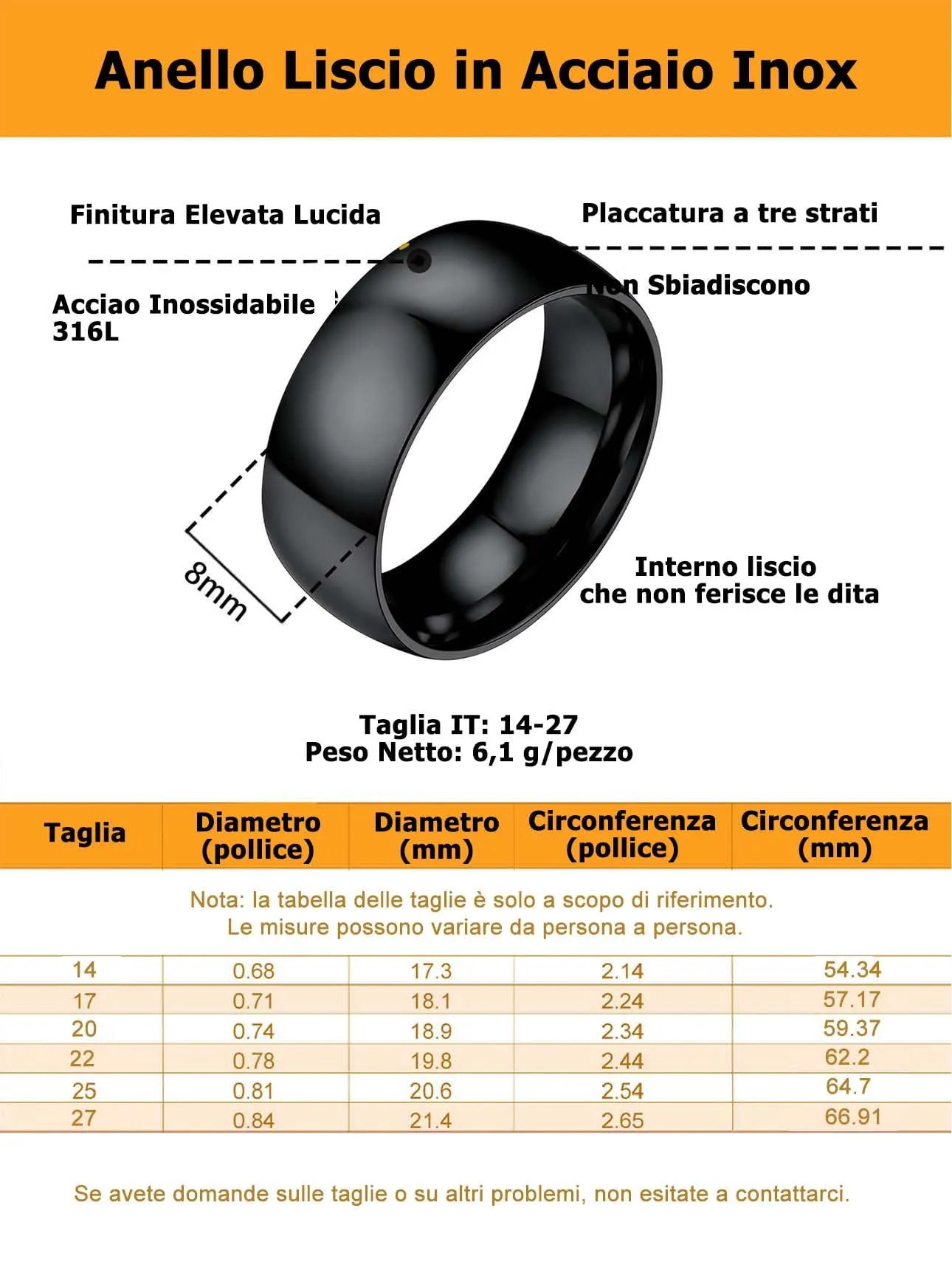 Bestyle Anelli Uomo Acciaio Inossidabile Liscio Anello Mignolo Donna Oro Anelli Donna Color Nero Misura 17 8mm Nero con Confezione Regalo - immagine 4