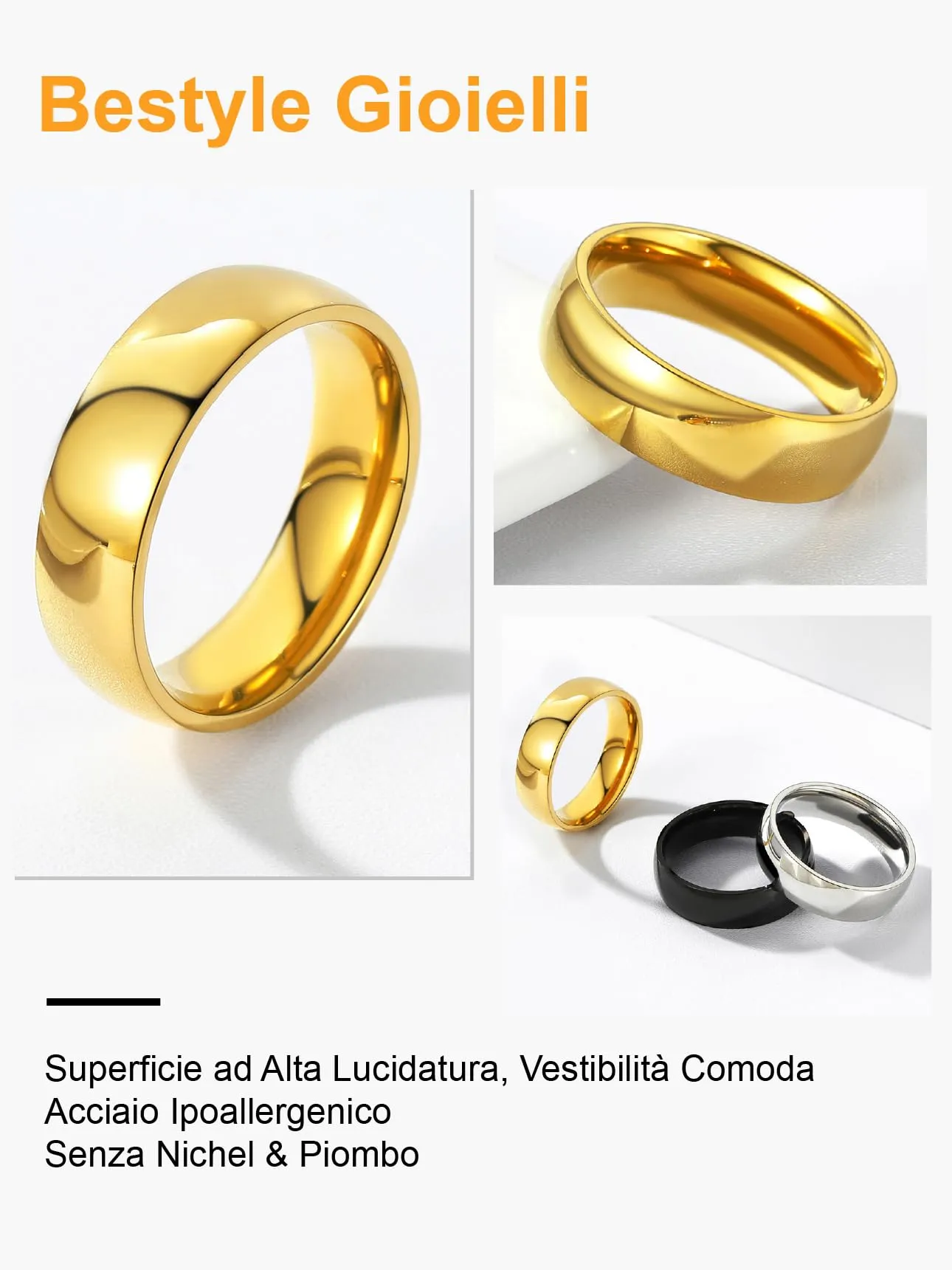 Bestyle Anelli Uomo Oro Anello Semplice Acciaio Anello Acciaio Donna Fedina Misura 22 6mm Oro con Confezione Regalo - immagine 6