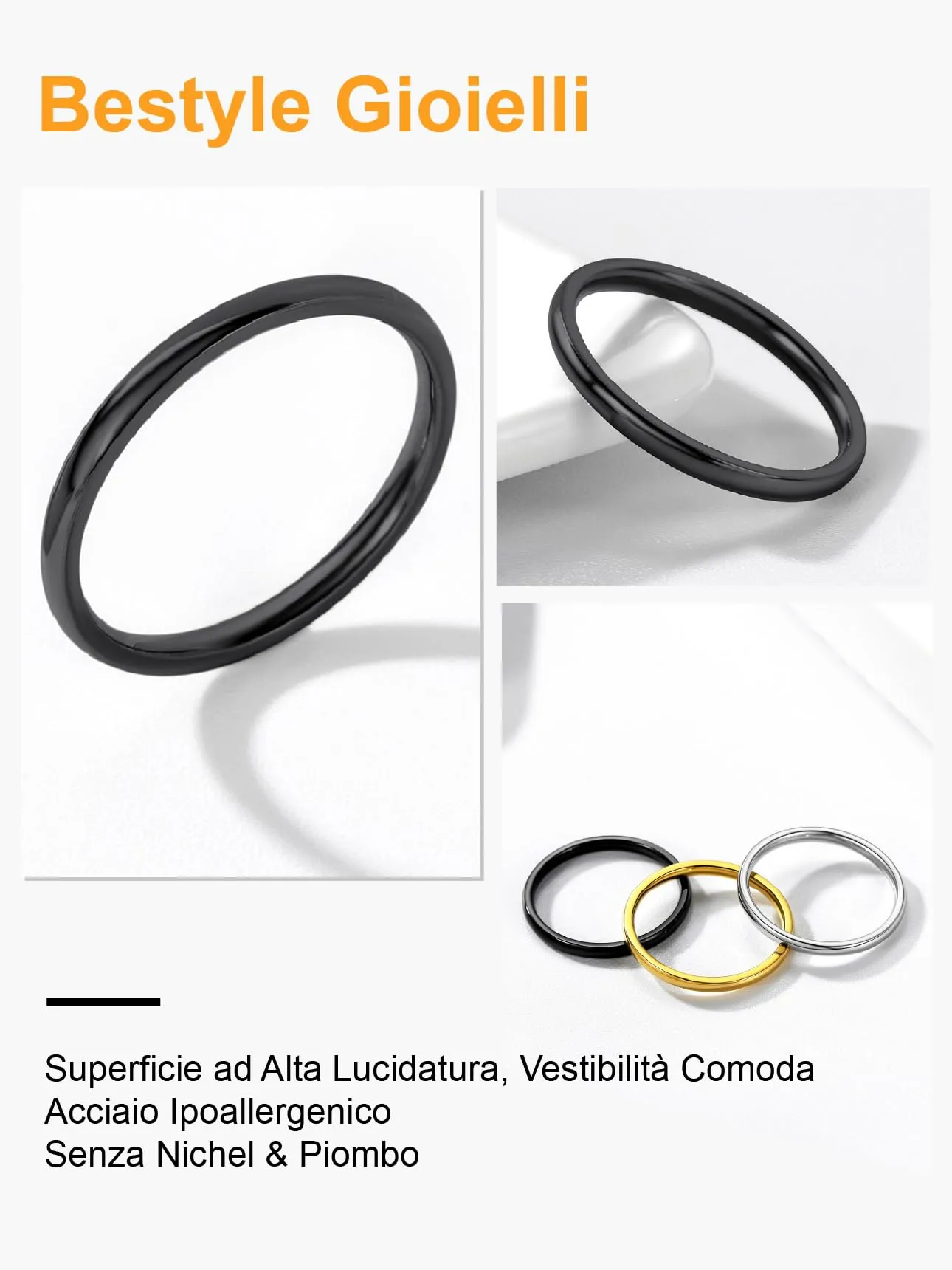 Bestyle Anello a Fascia Donna in Acciaio Nero, Argento Grande Misura 22 2mm Con Confezione Regalo - immagine 7