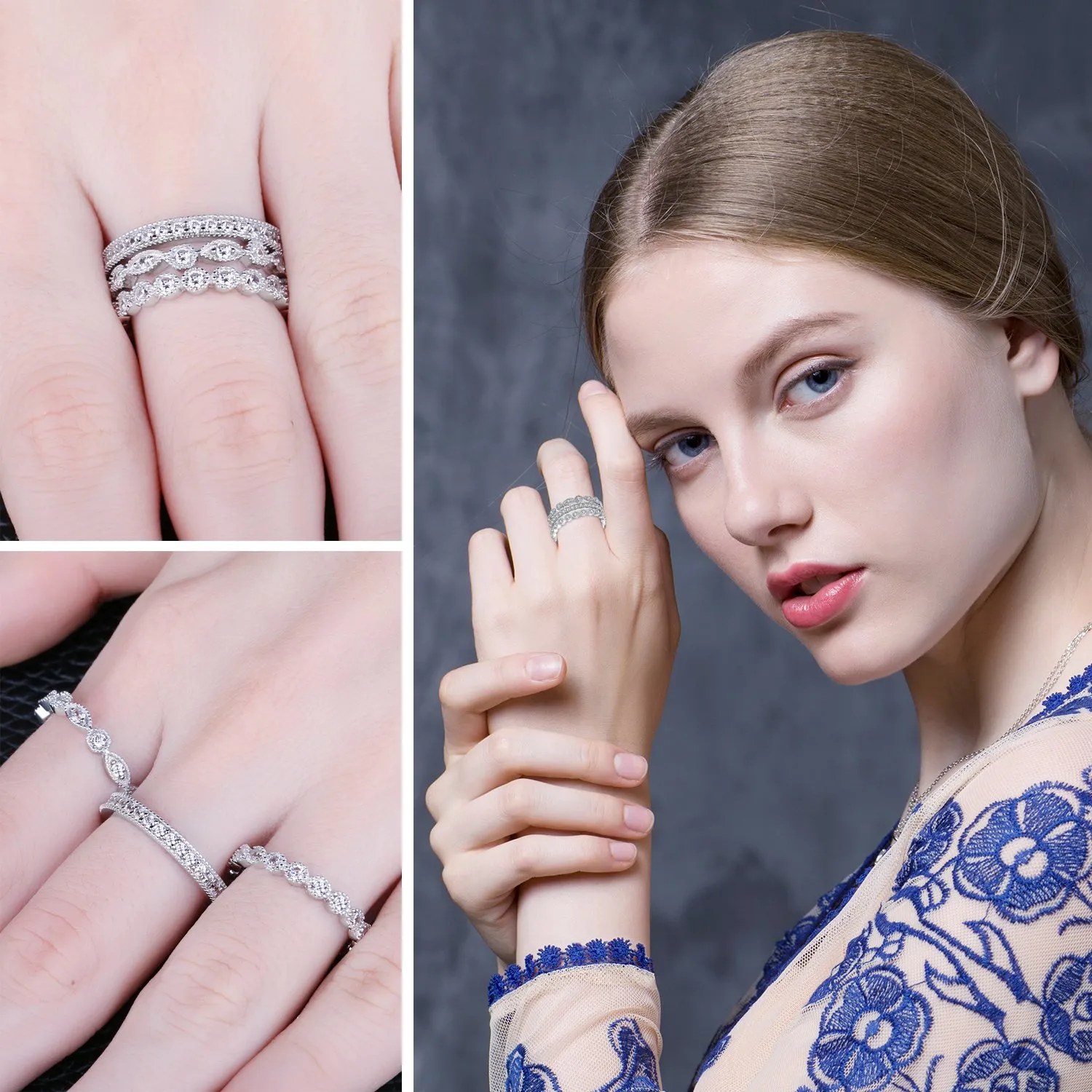 JewelryPalace Classici Anelli Impilabili Argento 925 con Cubic Zirconia, Eterno Anello Donna con Pietre Preziose, Fedi Matrimonio in Argento e Oro Bianco Set Gioielli - immagine 4